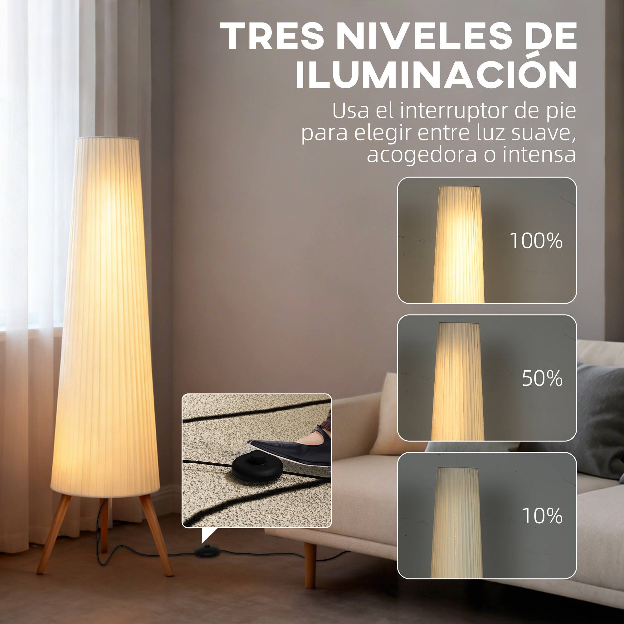 Lampadaire blanc trépied bois abat-jour tissu 3 réglages de luminosité interrupteur au pied - Image 4