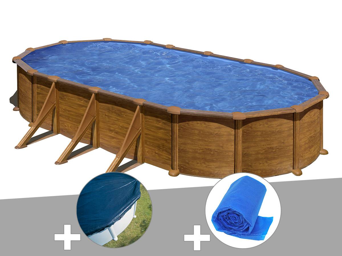 Gré - Kit piscine acier aspect bois Gré Mauritius ovale 7,44 x 3,99 x 1,32 m + Bâche hiver + Bâche à bulles - Image 1