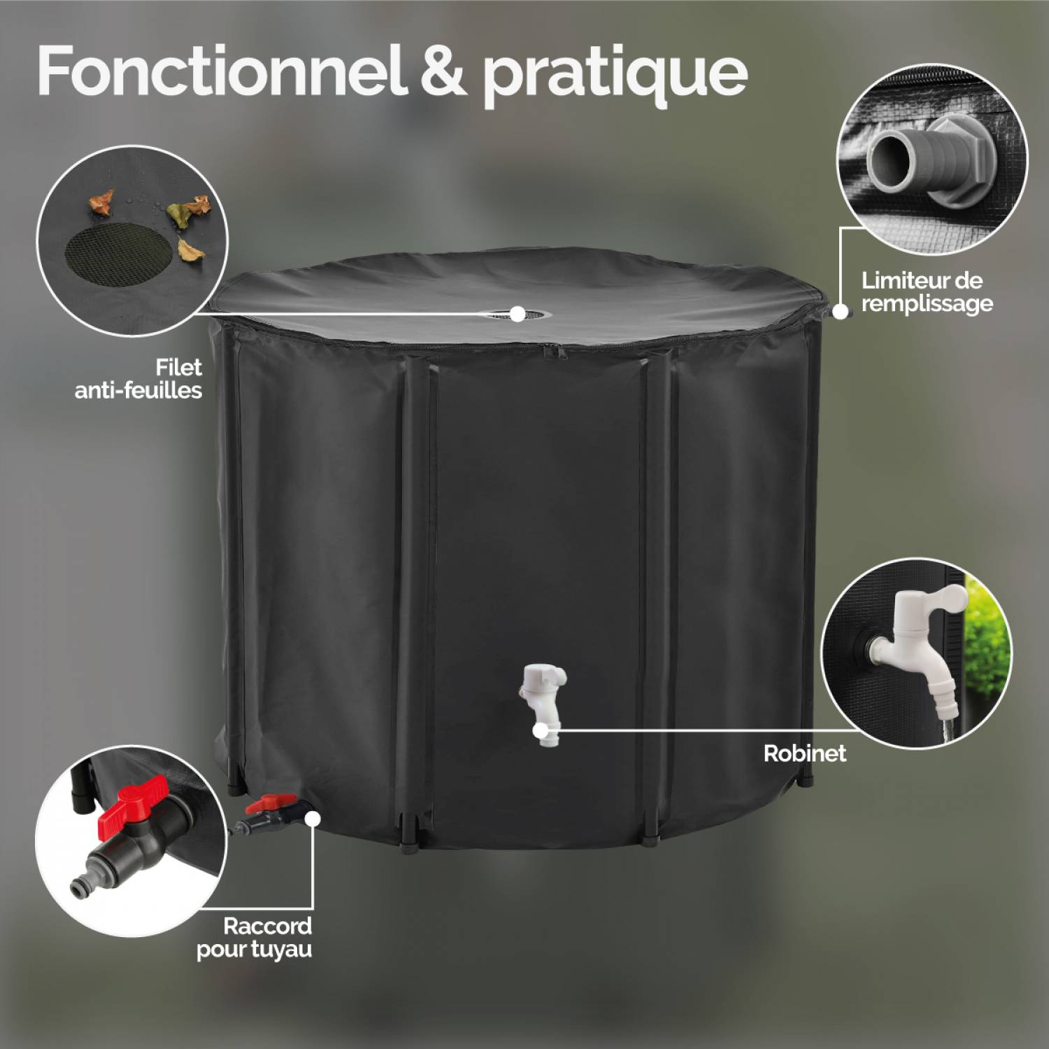 Réservoir souple, récupérateur d'eau de pluie pliable - 1000 L - Noir - Linxor - Image 3