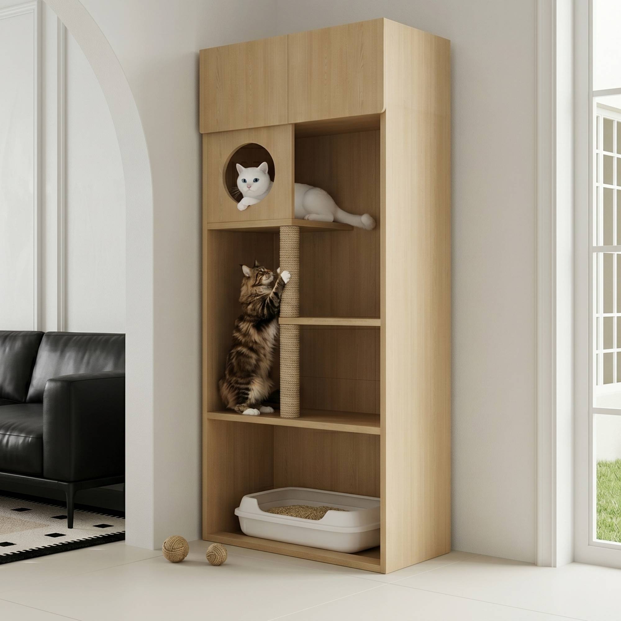 ComfortXL - Meuble pour chat MDF 80 x 45 x 193 cm bois naturel griffoir sisal cache-litière rangement - ComfortXL Outdoor Living - Image 1