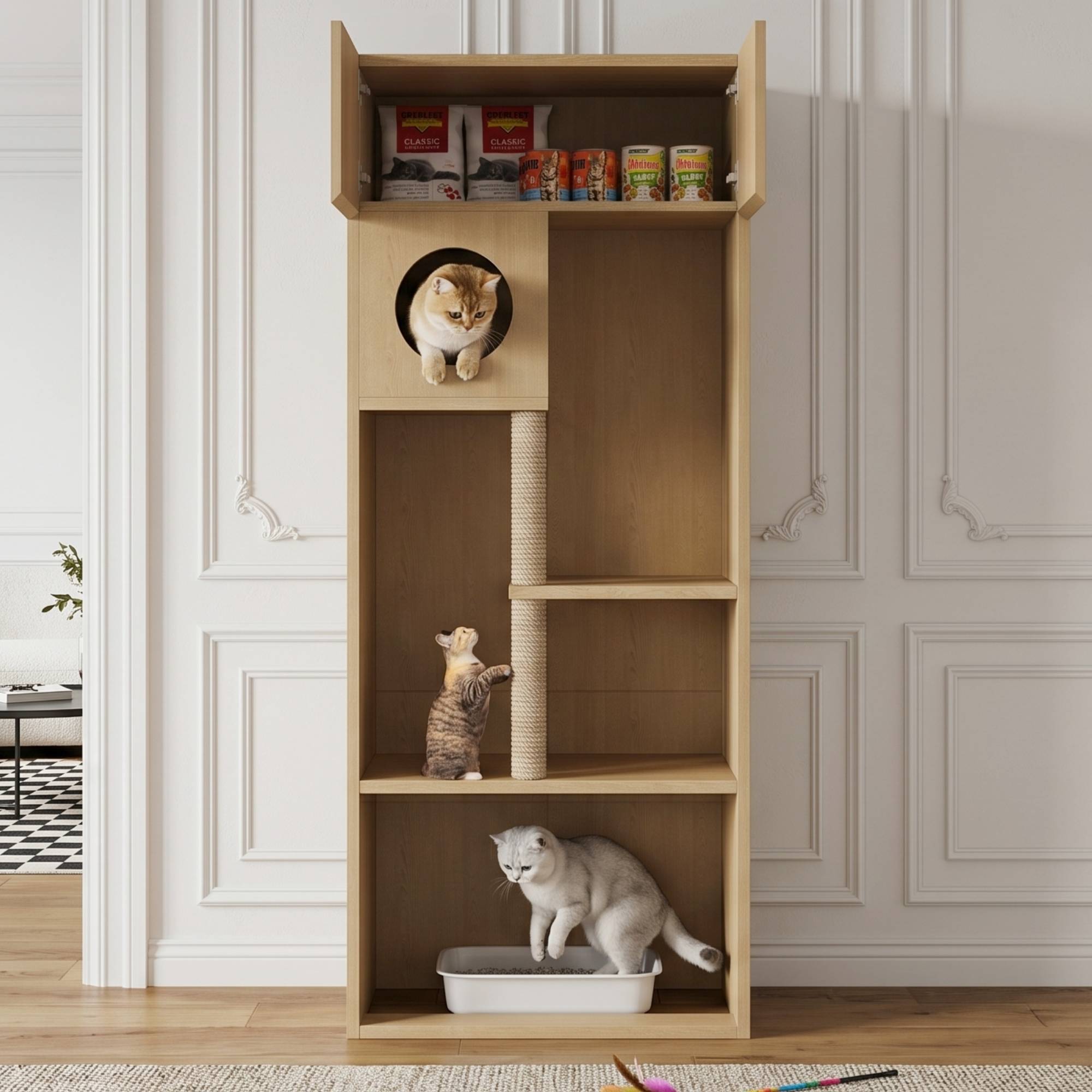ComfortXL - Meuble pour chat MDF 80 x 45 x 193 cm bois naturel griffoir sisal cache-litière rangement - ComfortXL Outdoor Living - Image 4