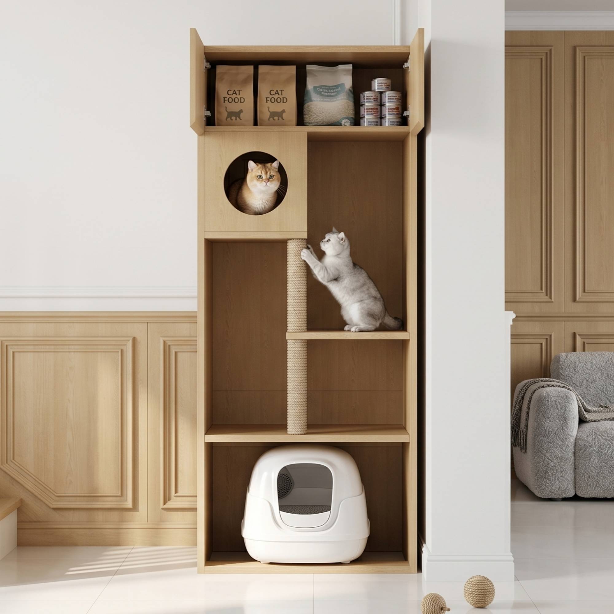 ComfortXL - Meuble pour chat MDF 80 x 45 x 193 cm bois naturel griffoir sisal cache-litière rangement - ComfortXL Outdoor Living - Image 6