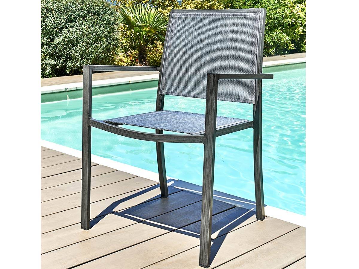 Lot de 4 Fauteuils de jardin en aluminium et textilène empilable aspect teck gris SANTORIN - Jardiline - Image 4