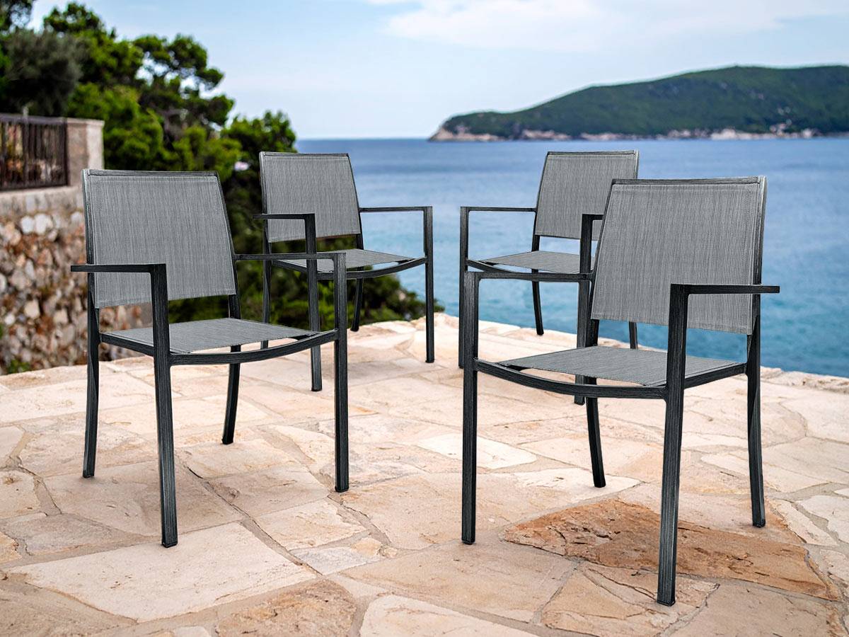 Lot de 4 Fauteuils de jardin en aluminium et textilène empilable aspect teck gris SANTORIN - Jardiline - Image 2