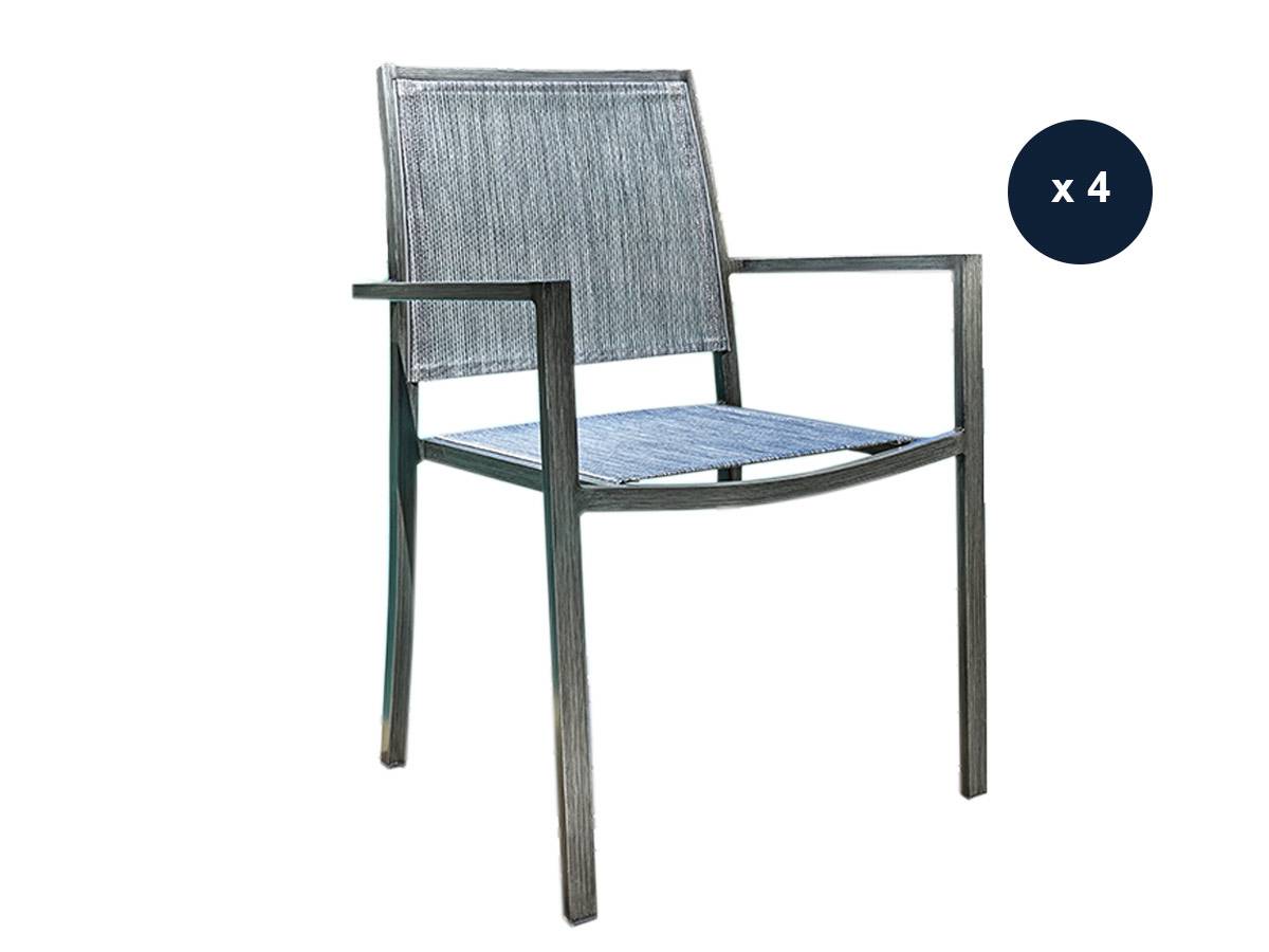 Lot de 4 Fauteuils de jardin en aluminium et textilène empilable aspect teck gris SANTORIN - Jardiline - Image 1