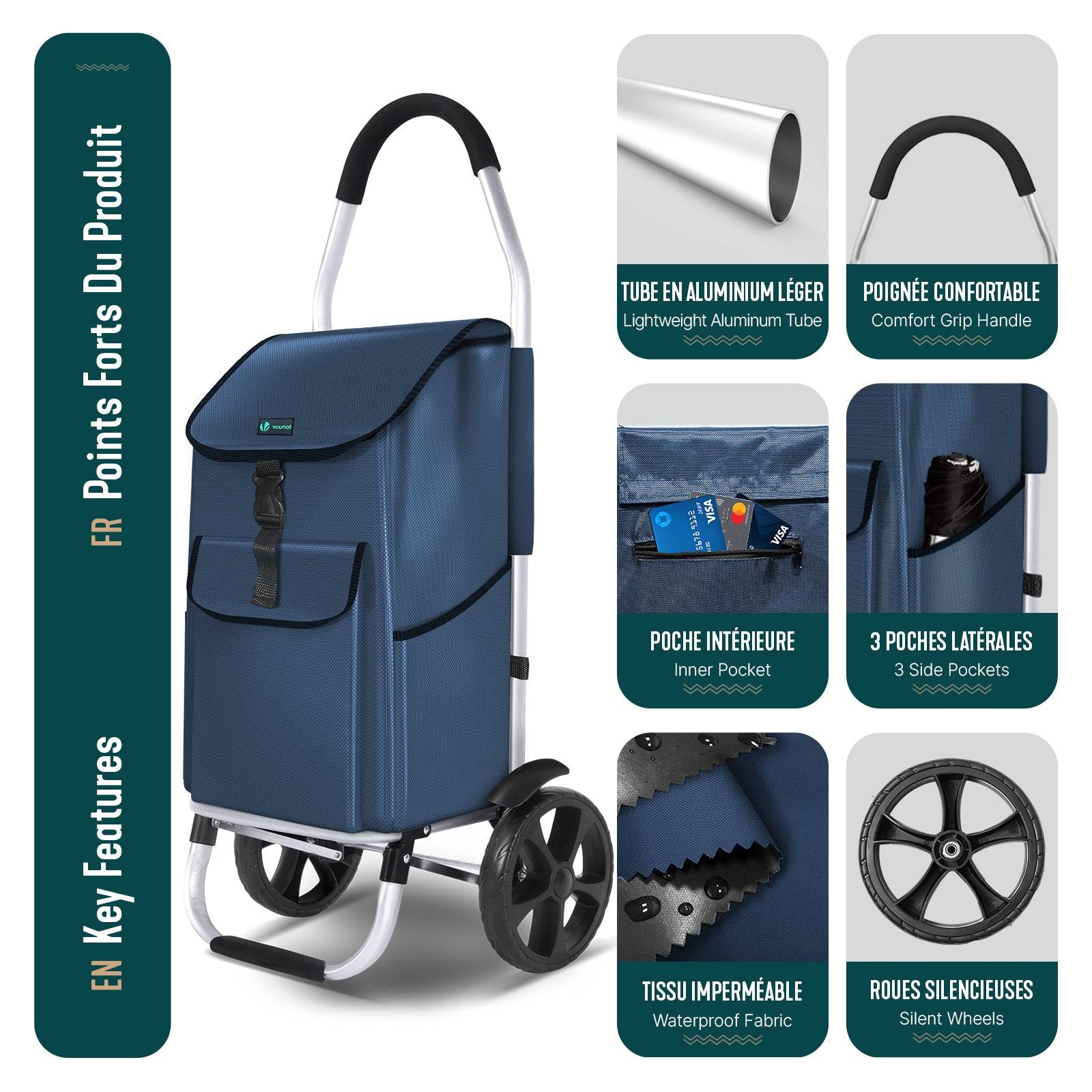 Vounot - Chariot de course pliable aluminium 2 roues bleu marine - Image 4