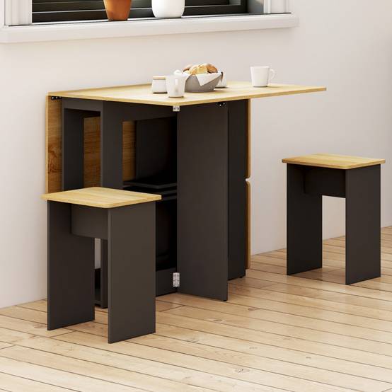 IDMARKET - Ensemble table console pliable EDI 2-4 personnes bois noir et plateau façon hêtre avec 4 tabourets - Image 5