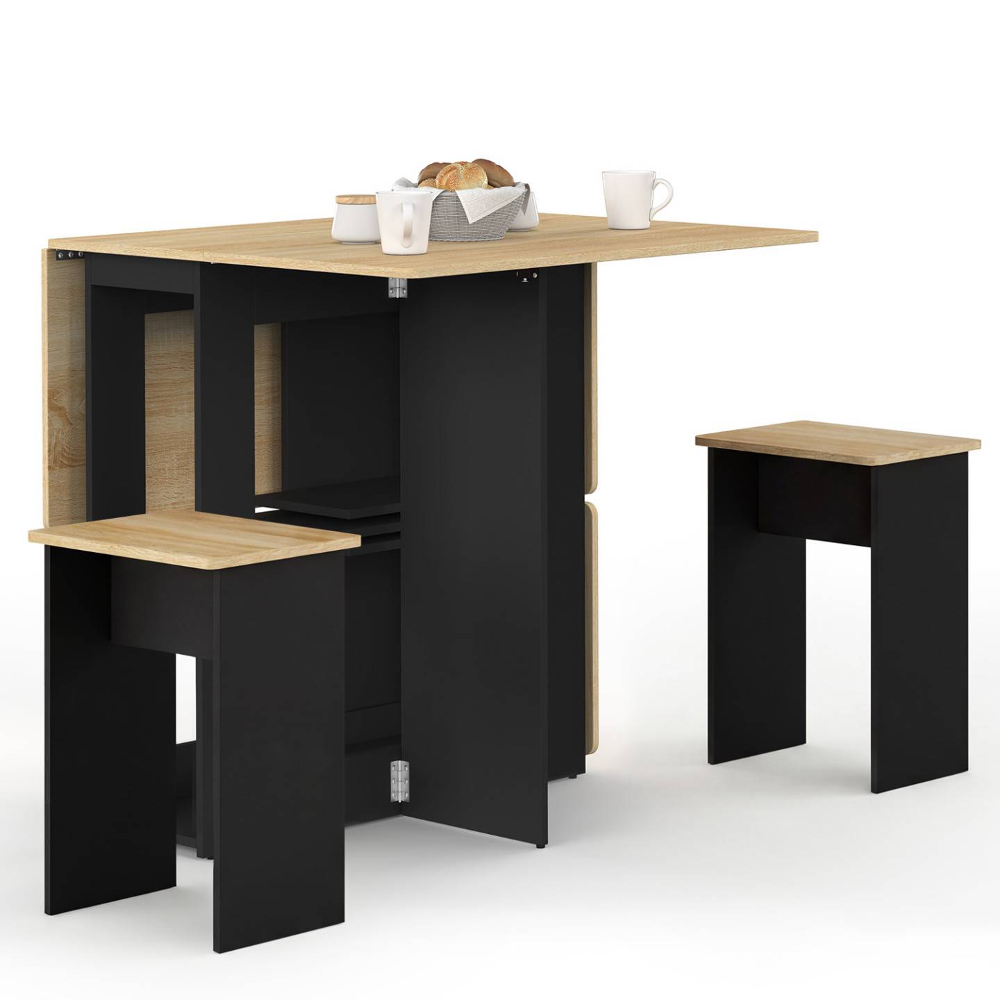 IDMARKET - Ensemble table console pliable EDI 2-4 personnes bois noir et plateau façon hêtre avec 4 tabourets - Image 4