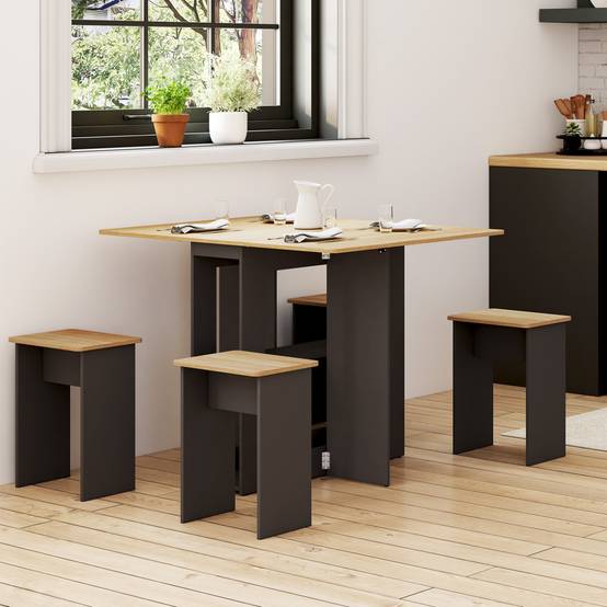 IDMARKET - Ensemble table console pliable EDI 2-4 personnes bois noir et plateau façon hêtre avec 4 tabourets - Image 1