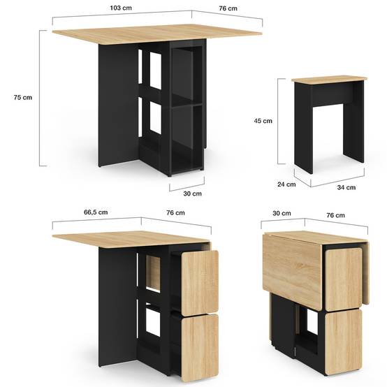 IDMARKET - Ensemble table console pliable EDI 2-4 personnes bois noir et plateau façon hêtre avec 4 tabourets - Image 7