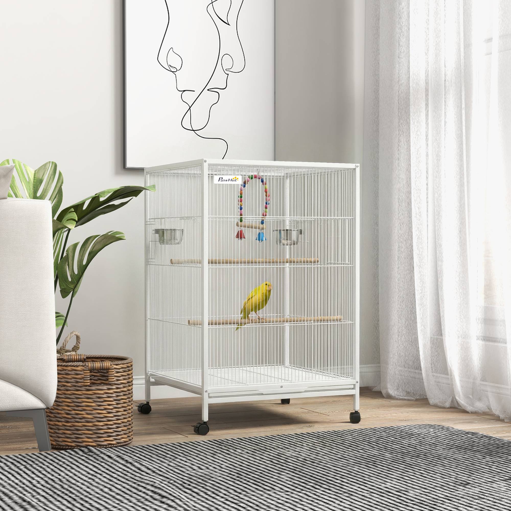 Volière intérieure sur roulettes en Acier pour Perruches et Canaris Cage spacieuse avec accessoires 78cm Blanc - ComfortXL Outdoor Living - Image 3