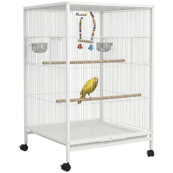 Volière intérieure sur roulettes en Acier pour Perruches et Canaris Cage spacieuse avec accessoires 78cm Blanc - ComfortXL Outdoor Living - Image 1