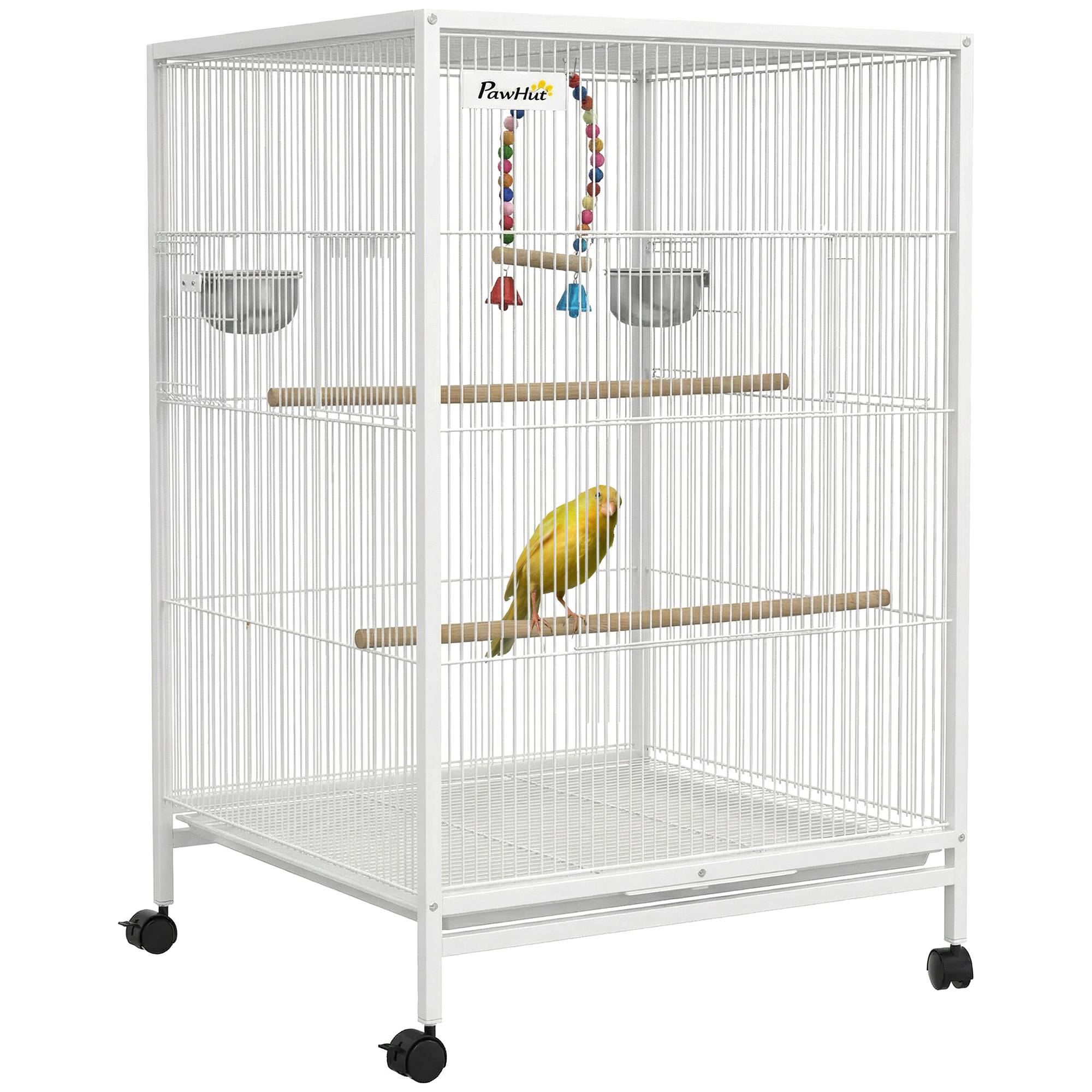 Volière intérieure sur roulettes en Acier pour Perruches et Canaris Cage spacieuse avec accessoires 78cm Blanc - ComfortXL Outdoor Living - Image 1