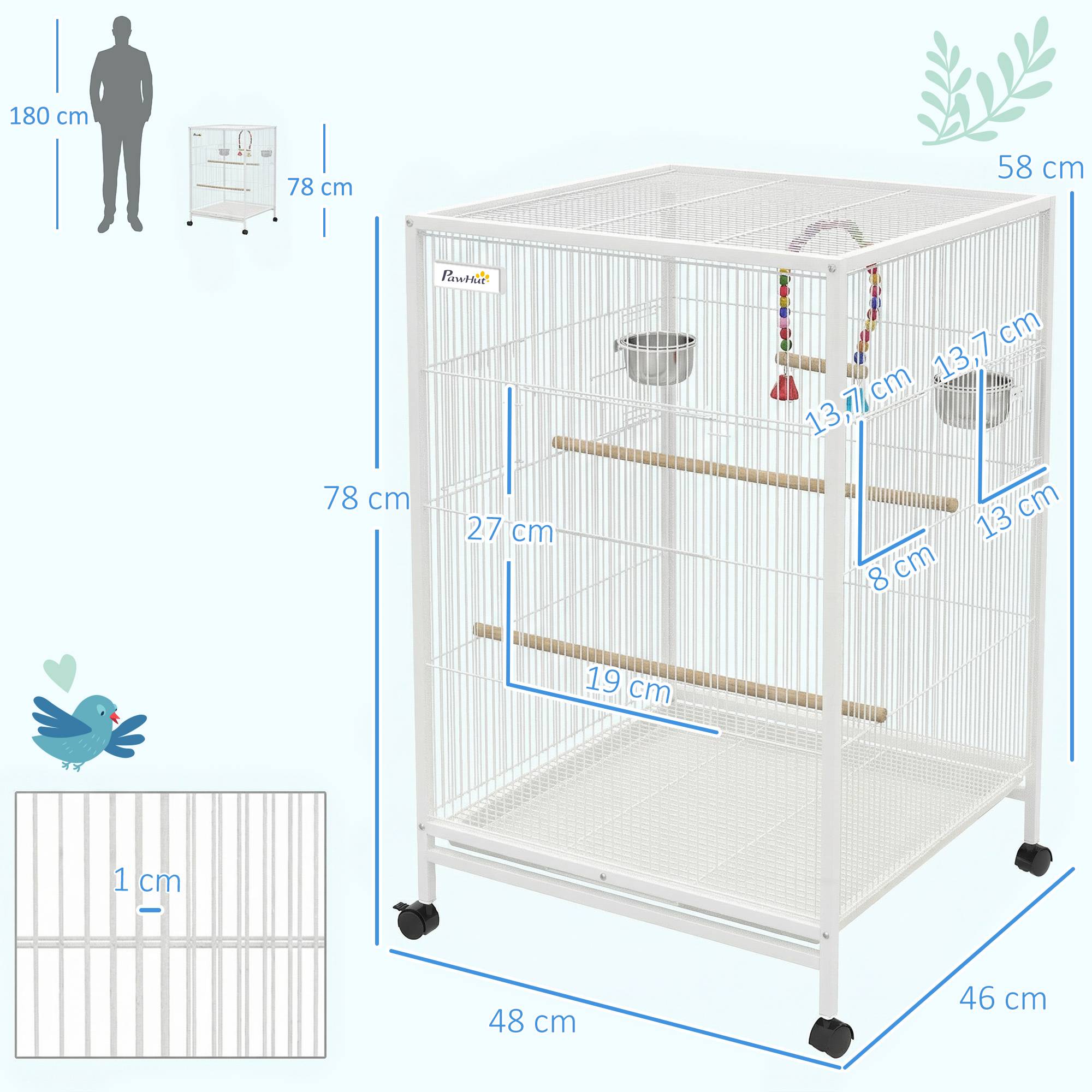 Volière intérieure sur roulettes en Acier pour Perruches et Canaris Cage spacieuse avec accessoires 78cm Blanc - ComfortXL Outdoor Living - Image 5