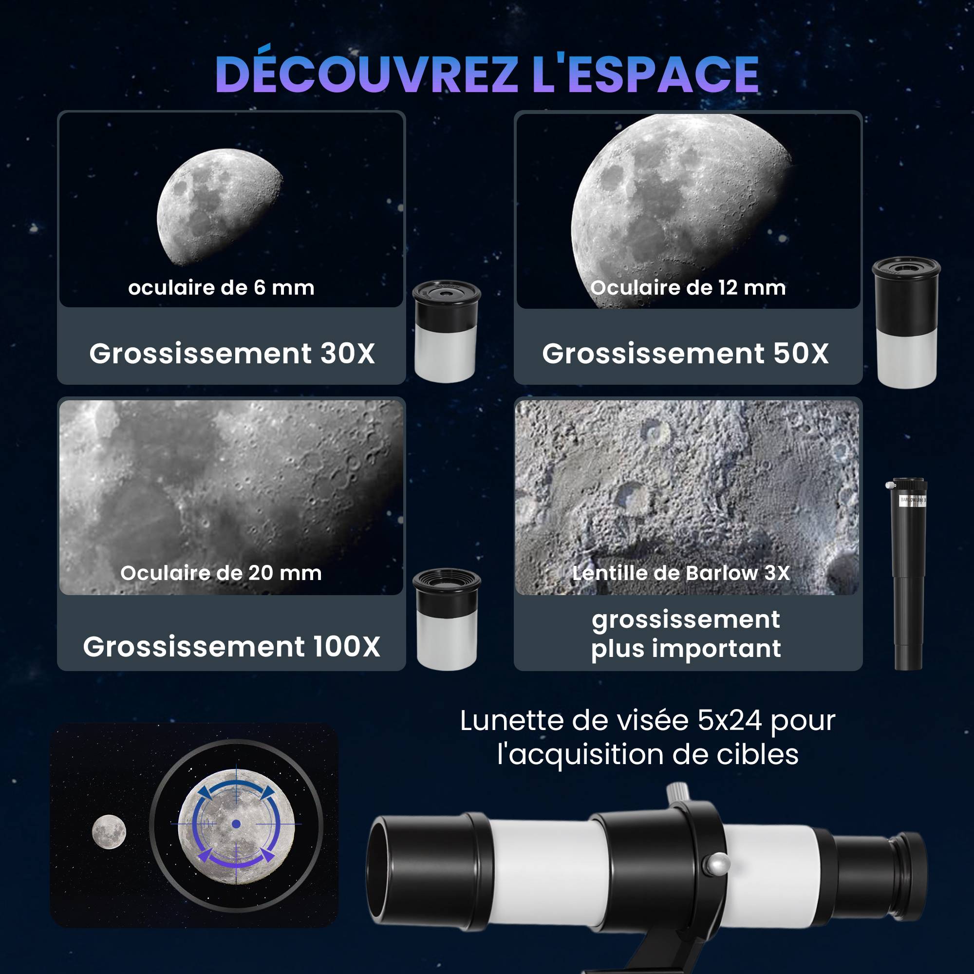 Télescope Astronomique 70 mm, Télescope Réfracteur 100X/50X/30X avec 3 Oculaires, Monture AZ 300 mm, 76x76x133cm, Blanc - Image 6