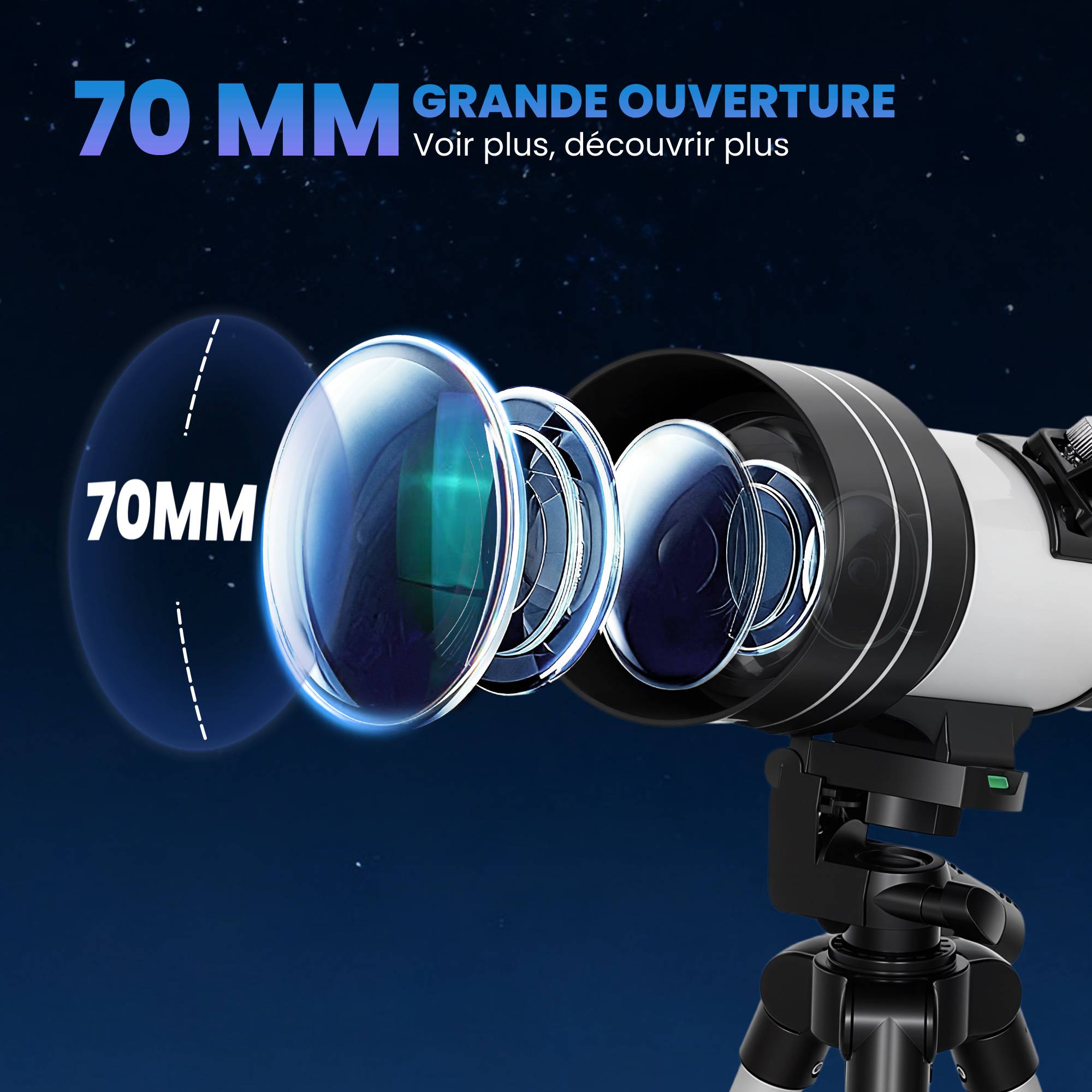 Télescope Astronomique 70 mm, Télescope Réfracteur 100X/50X/30X avec 3 Oculaires, Monture AZ 300 mm, 76x76x133cm, Blanc - Image 5