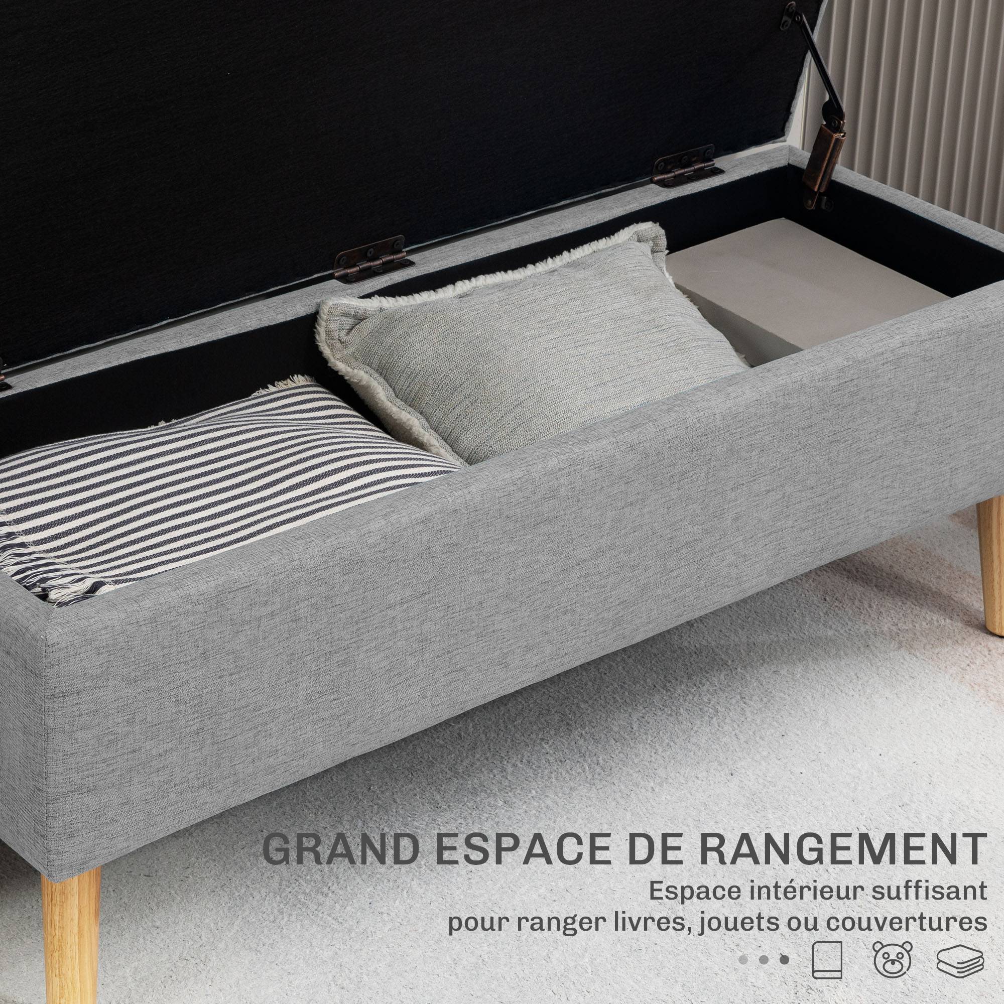 Banc coffre rangement rembourré aspect lin pour chambre à coucher, entrée, salon, charge 220 Kg, 110 x 39 x 45 cm, gris - Image 6