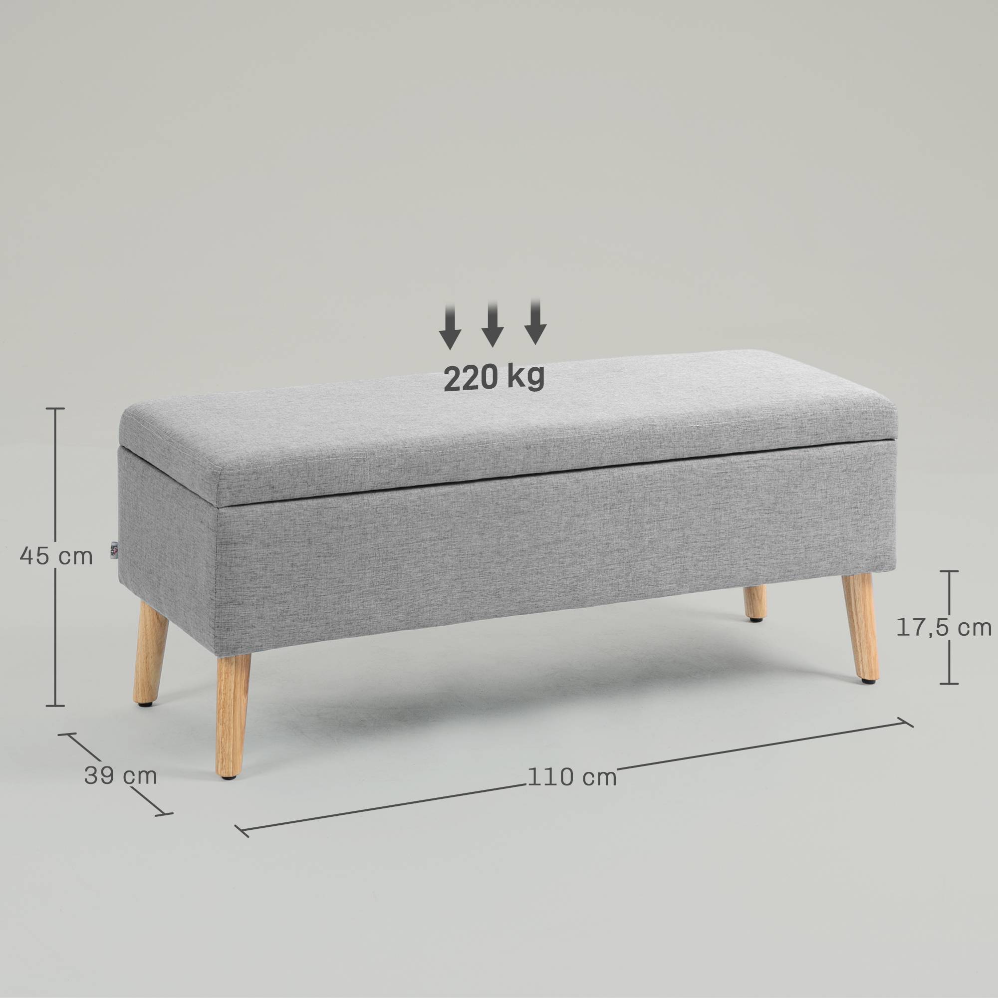 Banc coffre rangement rembourré aspect lin pour chambre à coucher, entrée, salon, charge 220 Kg, 110 x 39 x 45 cm, gris - Image 5