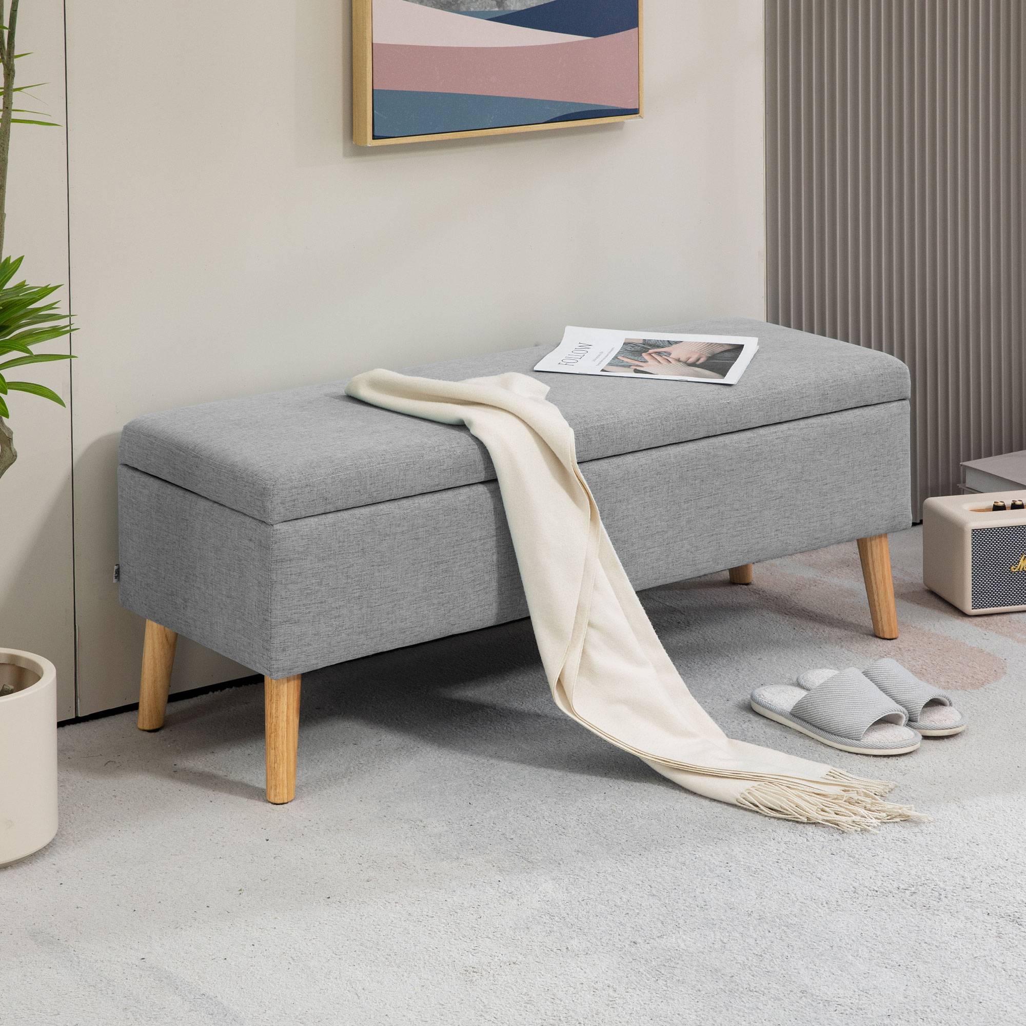 Banc coffre rangement rembourré aspect lin pour chambre à coucher, entrée, salon, charge 220 Kg, 110 x 39 x 45 cm, gris - Image 4