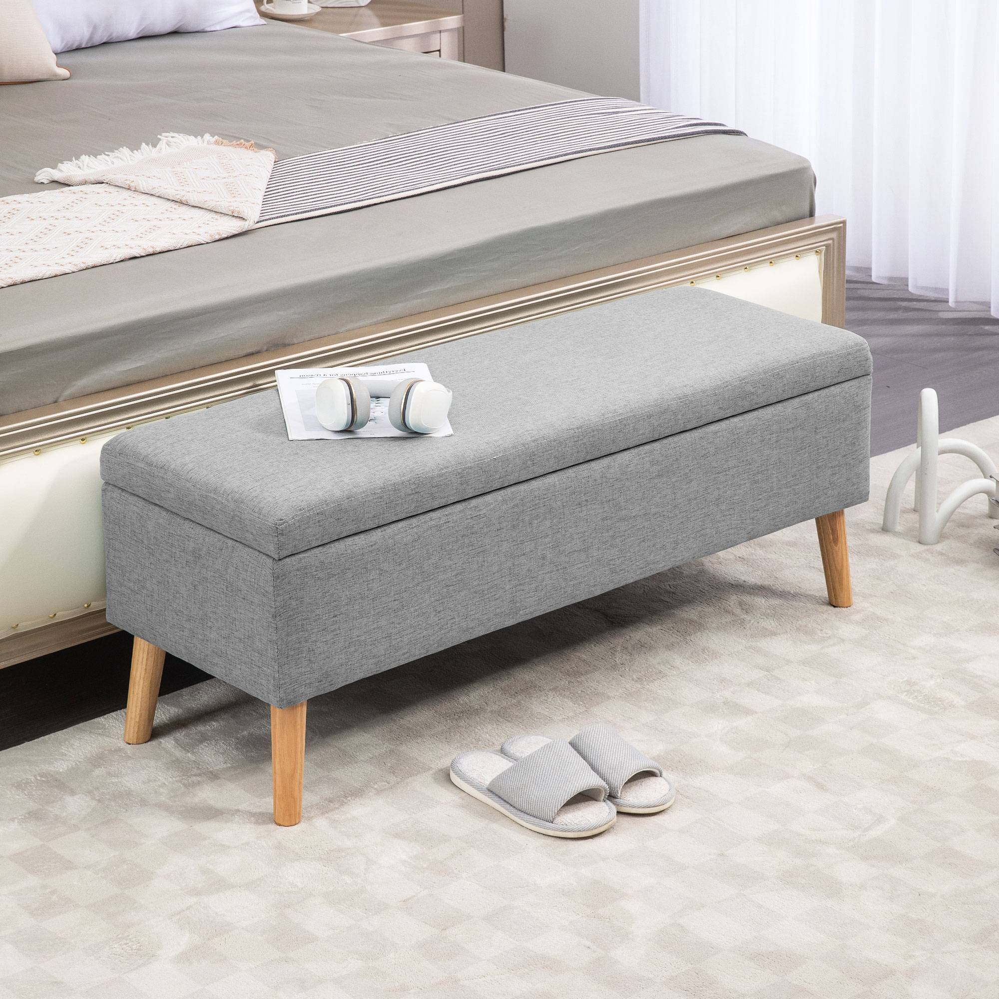 Banc coffre rangement rembourré aspect lin pour chambre à coucher, entrée, salon, charge 220 Kg, 110 x 39 x 45 cm, gris - Image 3