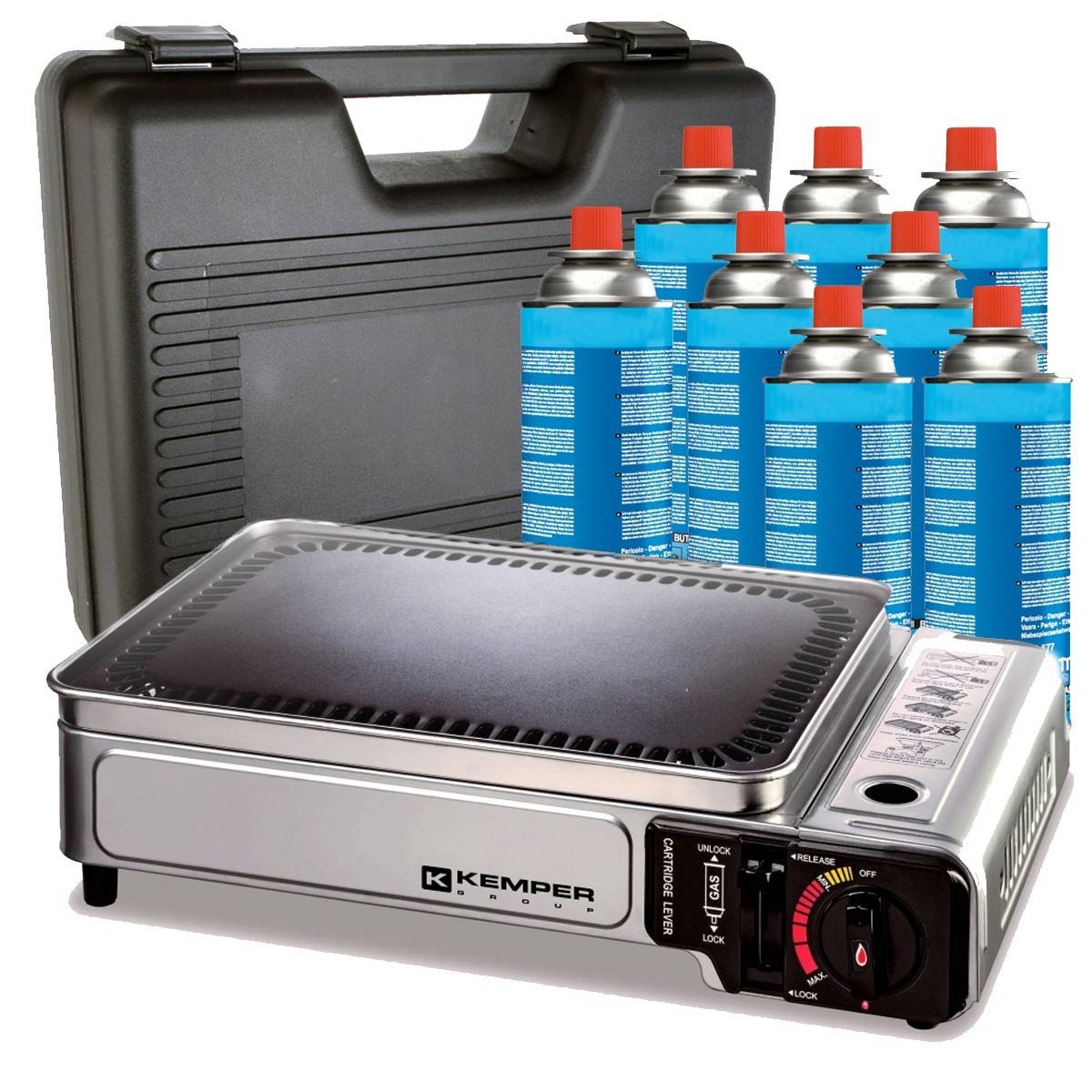 Plancha à gaz portable 2300W + 8 cartouches de gaz + Valise de transport Cuisson extérieure Camping Terrasse Barbecue KEMPER - Image 1
