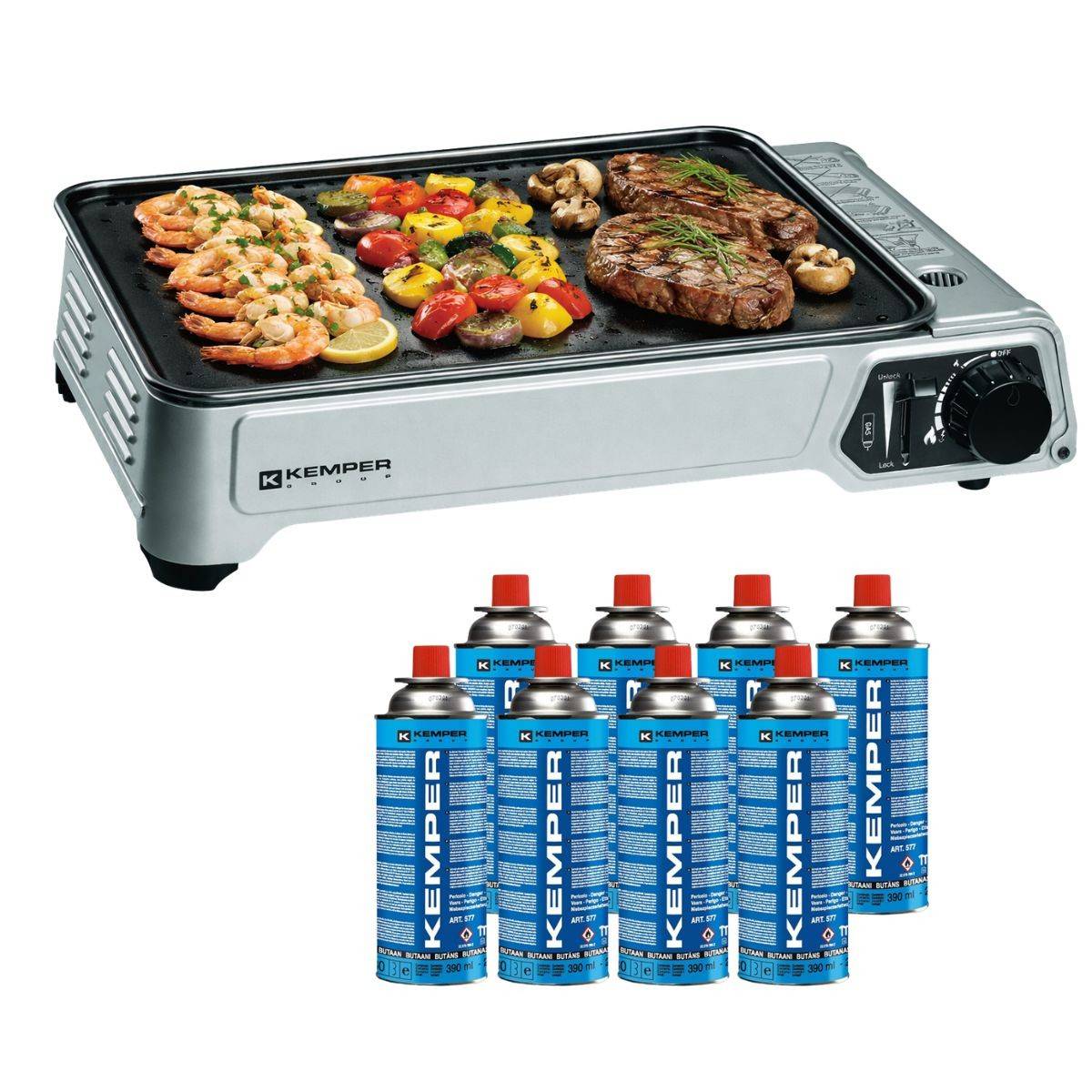 Plancha à gaz portable 2300W + 8 cartouches de gaz + Valise de transport Cuisson extérieure Camping Terrasse Barbecue KEMPER - Image 2