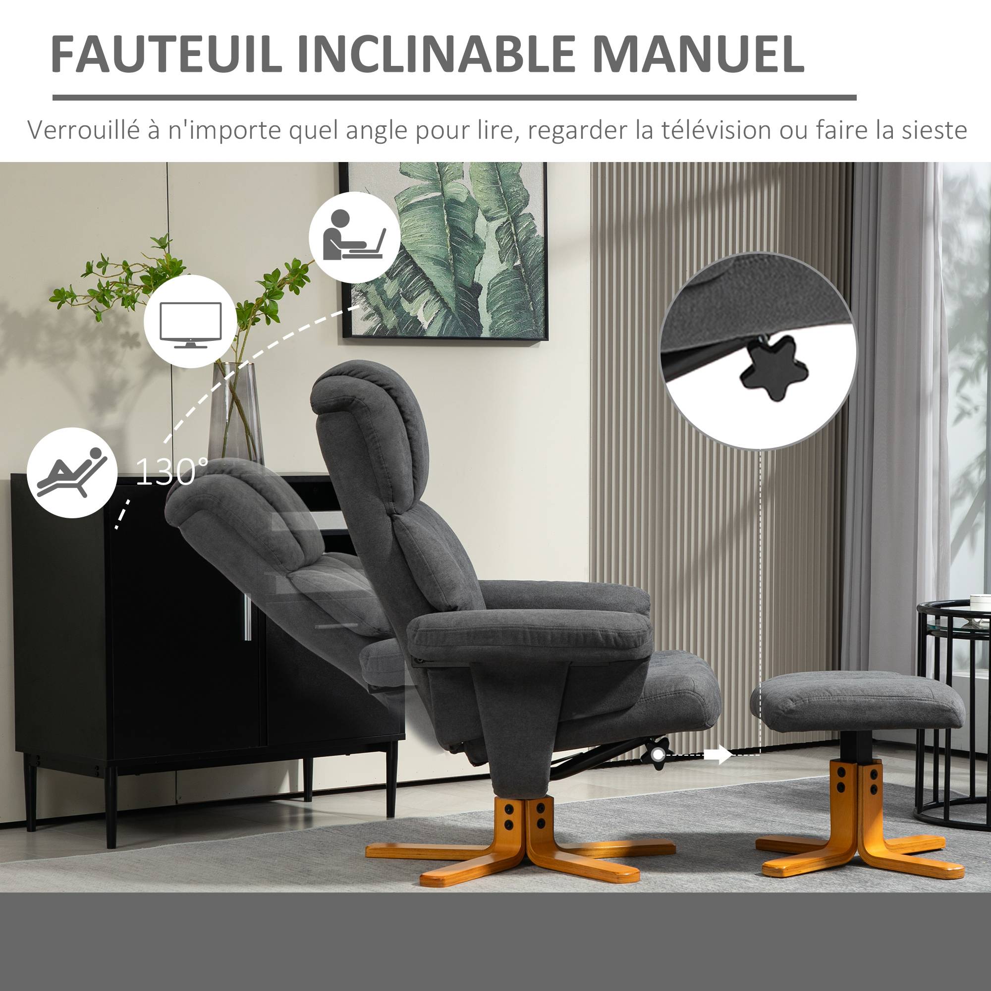 Fauteuil relax avec repose-pied, fauteuil de relaxation, dossier inclinable, assise rembourrée, 79x80x104cm, gris foncé - Image 6