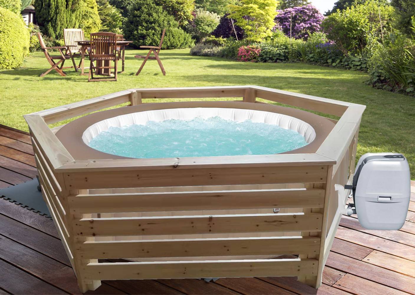 Habrita - Habillage bois hexagonal pour spas et piscines gonflables / largeur extérieure 2,63 m x largeur intérieure bord à bord 2,09 m x hauteur 0,71 m - Image 5
