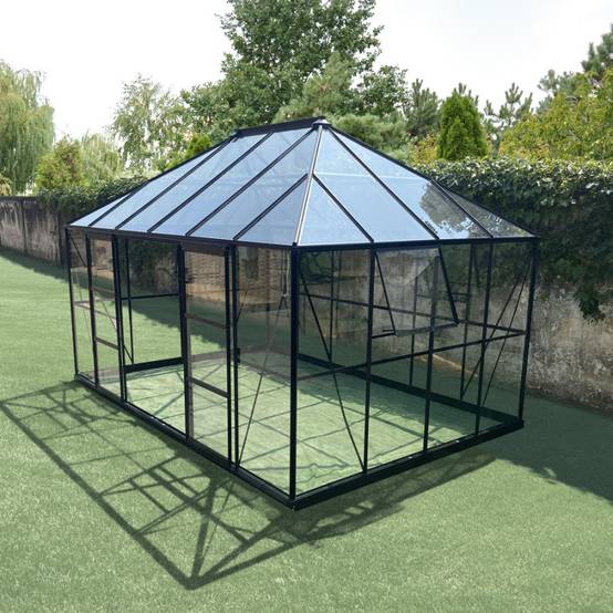 Serre de jardin 12m² en aluminium et verre trempé 4mm Duchesse Green Protect noir avec embase - Image 7