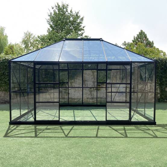 Serre de jardin 12m² en aluminium et verre trempé 4mm Duchesse Green Protect noir avec embase - Image 5