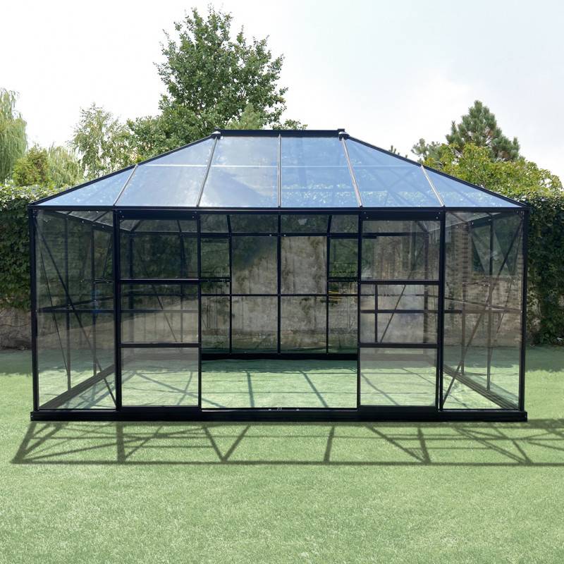 Serre de jardin 12m² en aluminium et verre trempé 4mm Duchesse Green Protect noir avec embase - Image 5