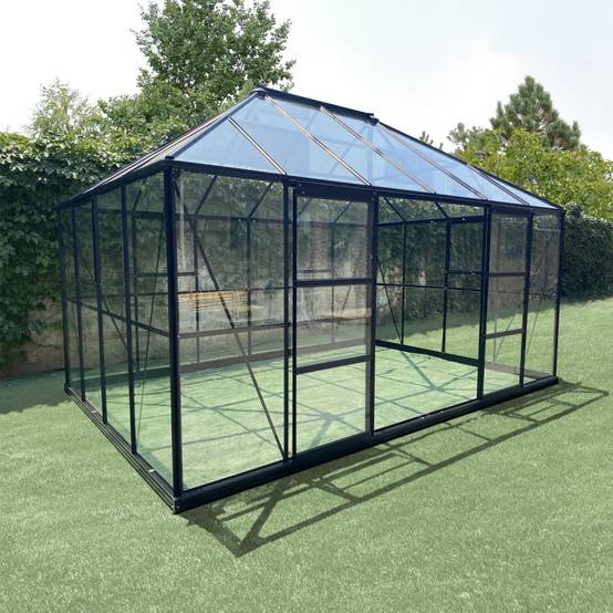Serre de jardin 12m² en aluminium et verre trempé 4mm Duchesse Green Protect noir avec embase - Image 2