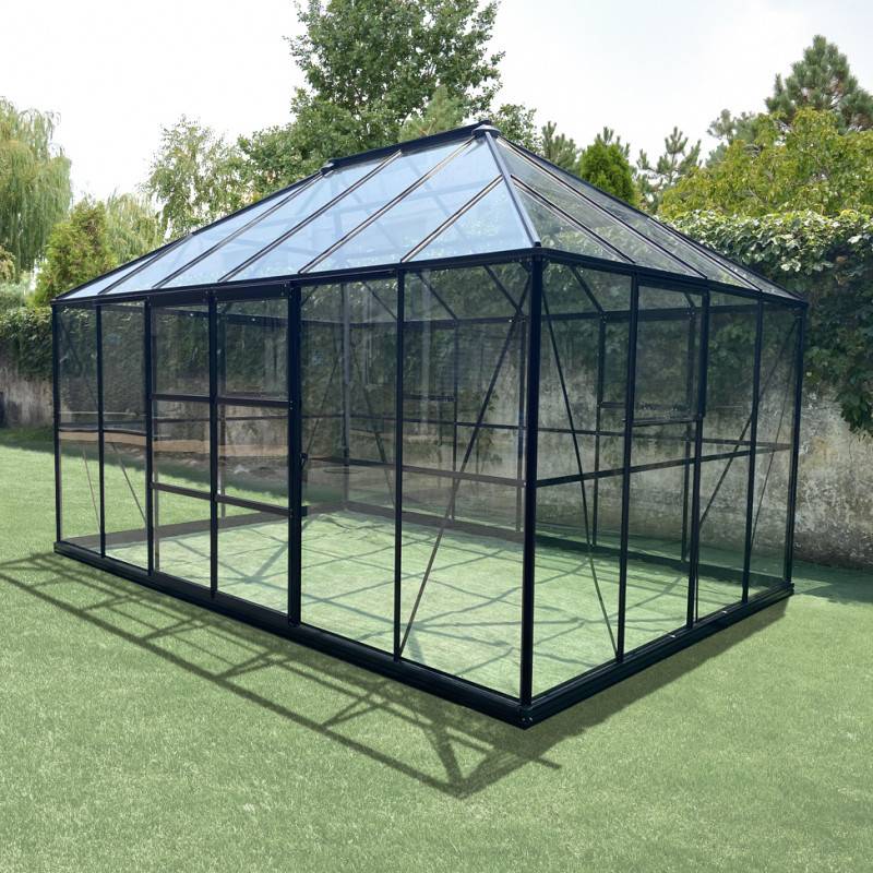 Serre de jardin 12m² en aluminium et verre trempé 4mm Duchesse Green Protect noir avec embase - Image 4