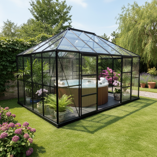 Serre de jardin 12m² en aluminium et verre trempé 4mm Duchesse Green Protect noir avec embase - Image 1