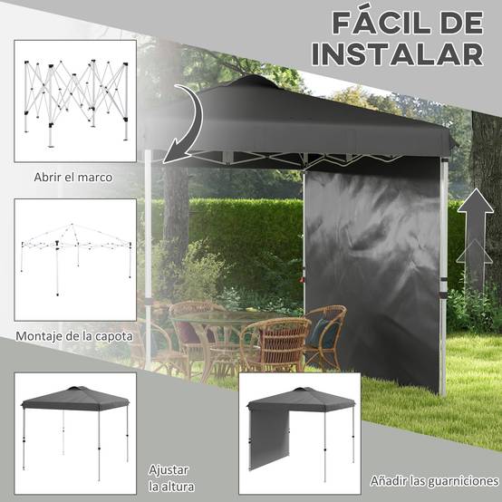 Tente de jardin pliante 2,5 x 2,5 m, hauteur réglable, protection UV, 1 paroi latérale et sacs de lestage, gris foncé - Image 6