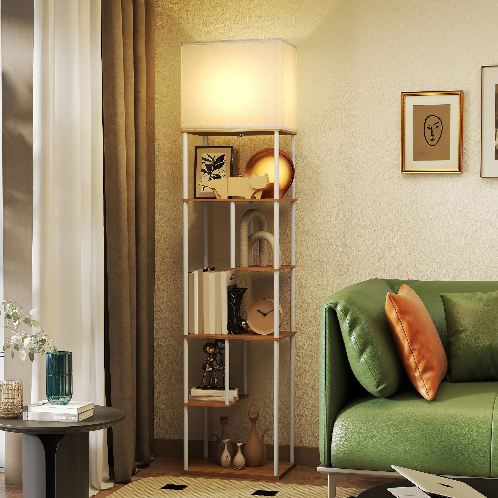 Lampadaire bois naturel à étagères 3000K–6500K télécommande et douille E27 - Image 4