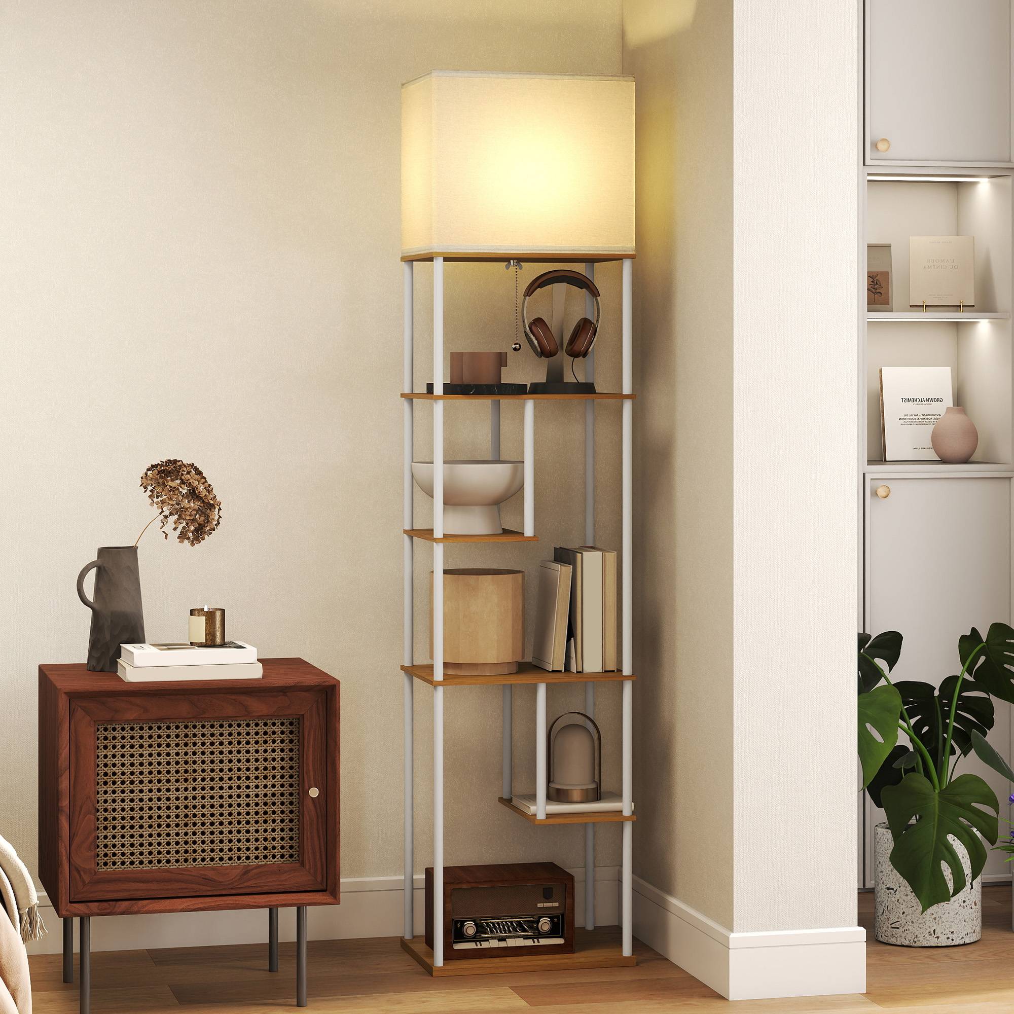 Lampadaire bois naturel à étagères 3000K–6500K télécommande et douille E27 - Image 3