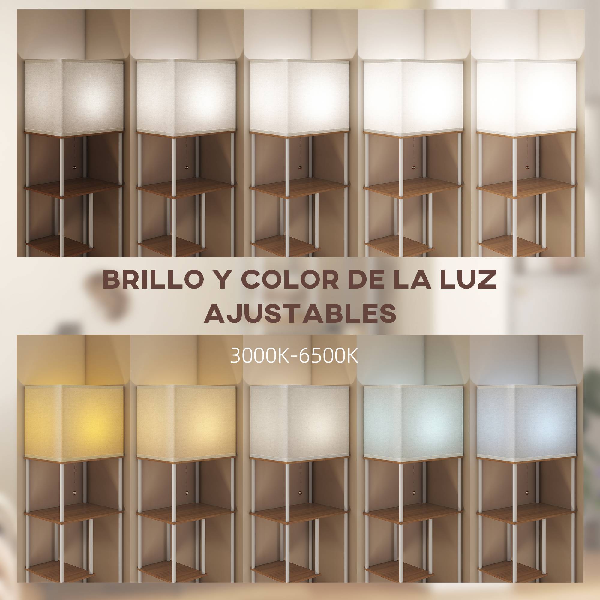 Lampadaire bois naturel à étagères 3000K–6500K télécommande et douille E27 - Image 6