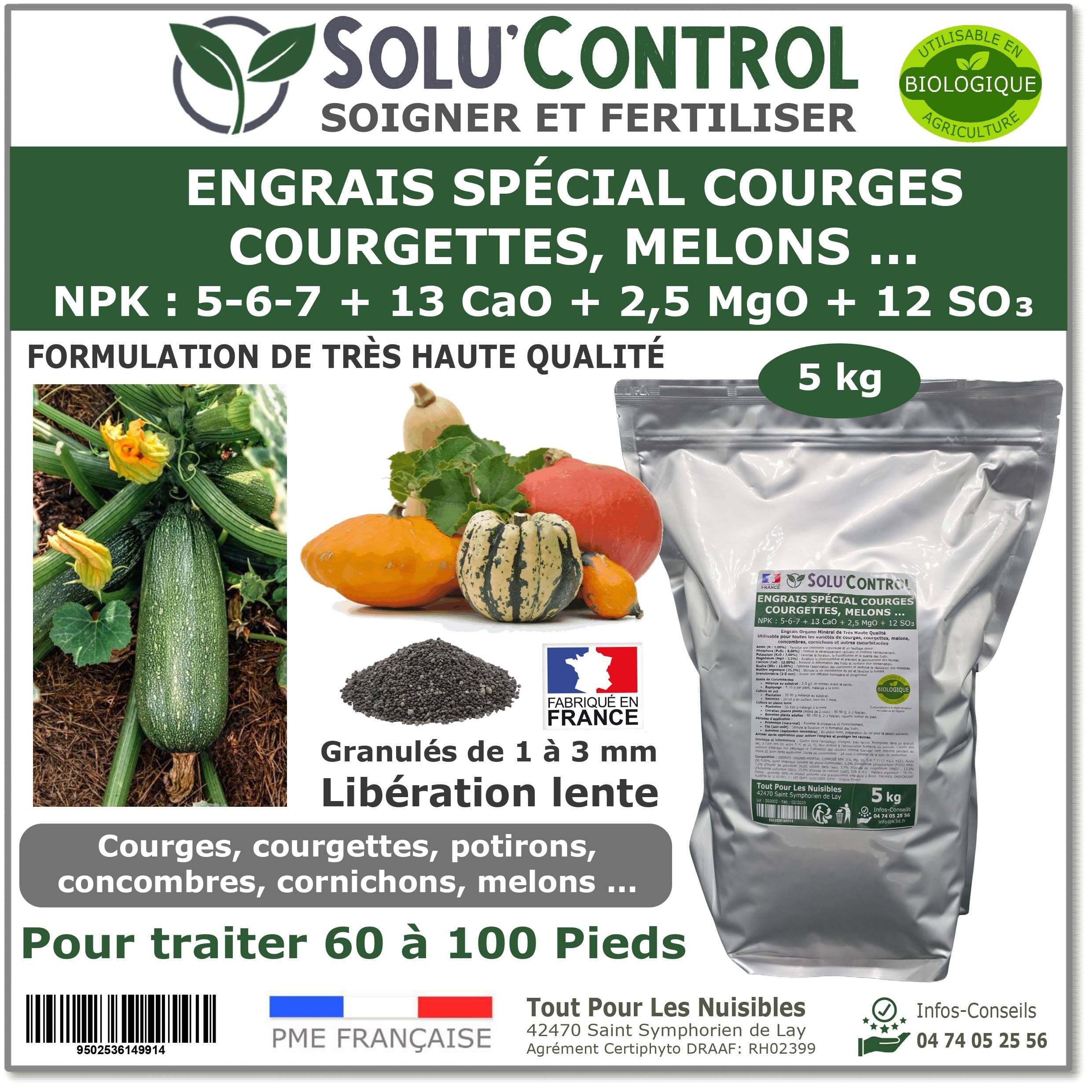 SOLU’CONTROL - 5 kg d'Engrais Spécial Courges, Courgettes et autres cucurbitacées - Formulation haute qualité Organo-Minerale - Image 1