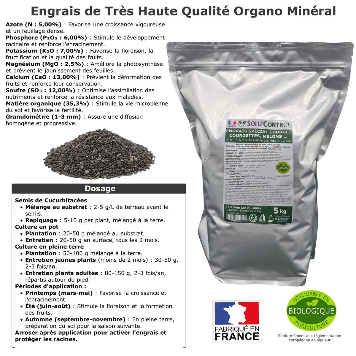 SOLU’CONTROL - 5 kg d'Engrais Spécial Courges, Courgettes et autres cucurbitacées - Formulation haute qualité Organo-Minerale - Image 2