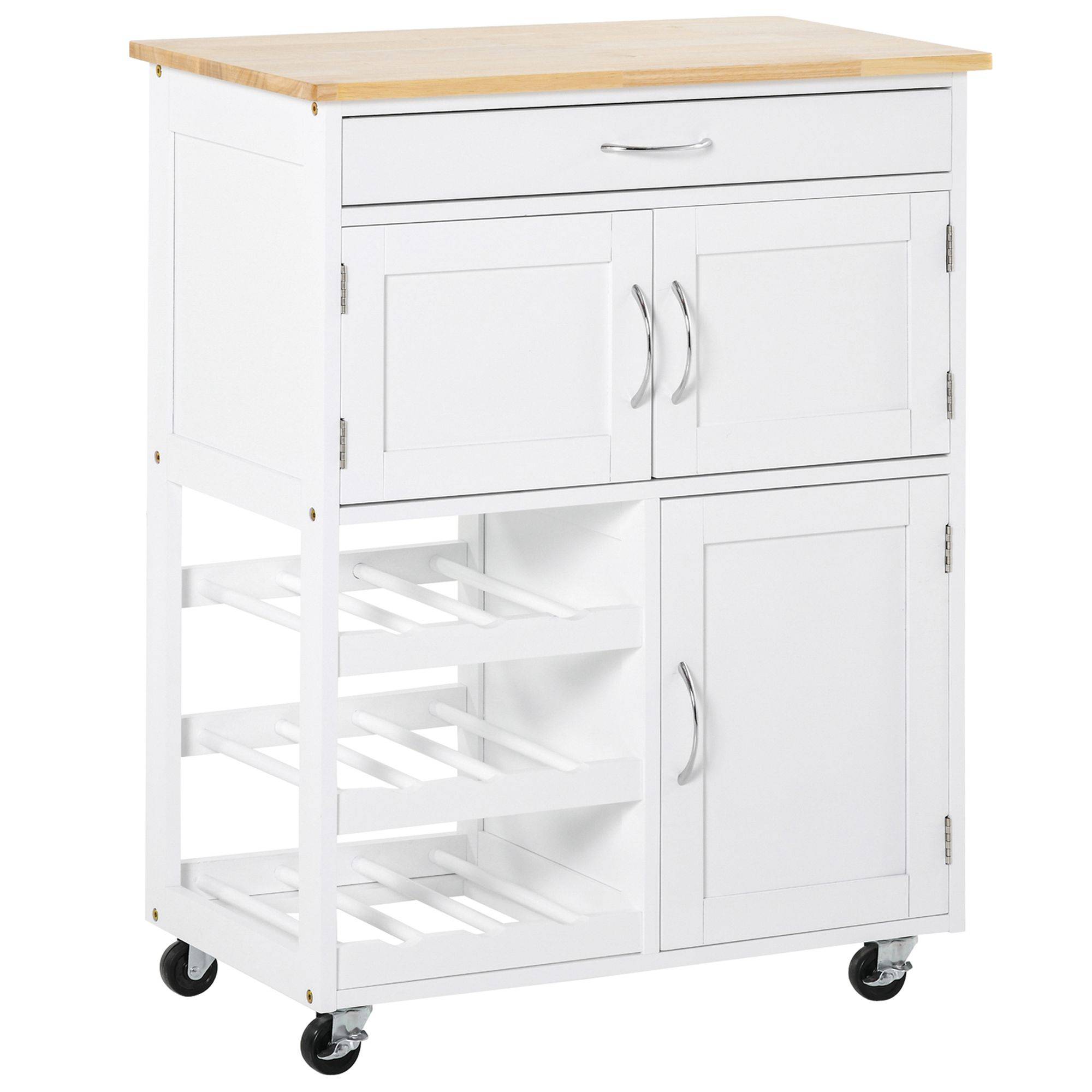 Sans Marque - Desserte cuisine 9 porte-bouteilles 3 portes 4 roulettes tiroir meuble gain place plateau bois hévéa salon 67x37x87 cm blanc chêne - Image 1
