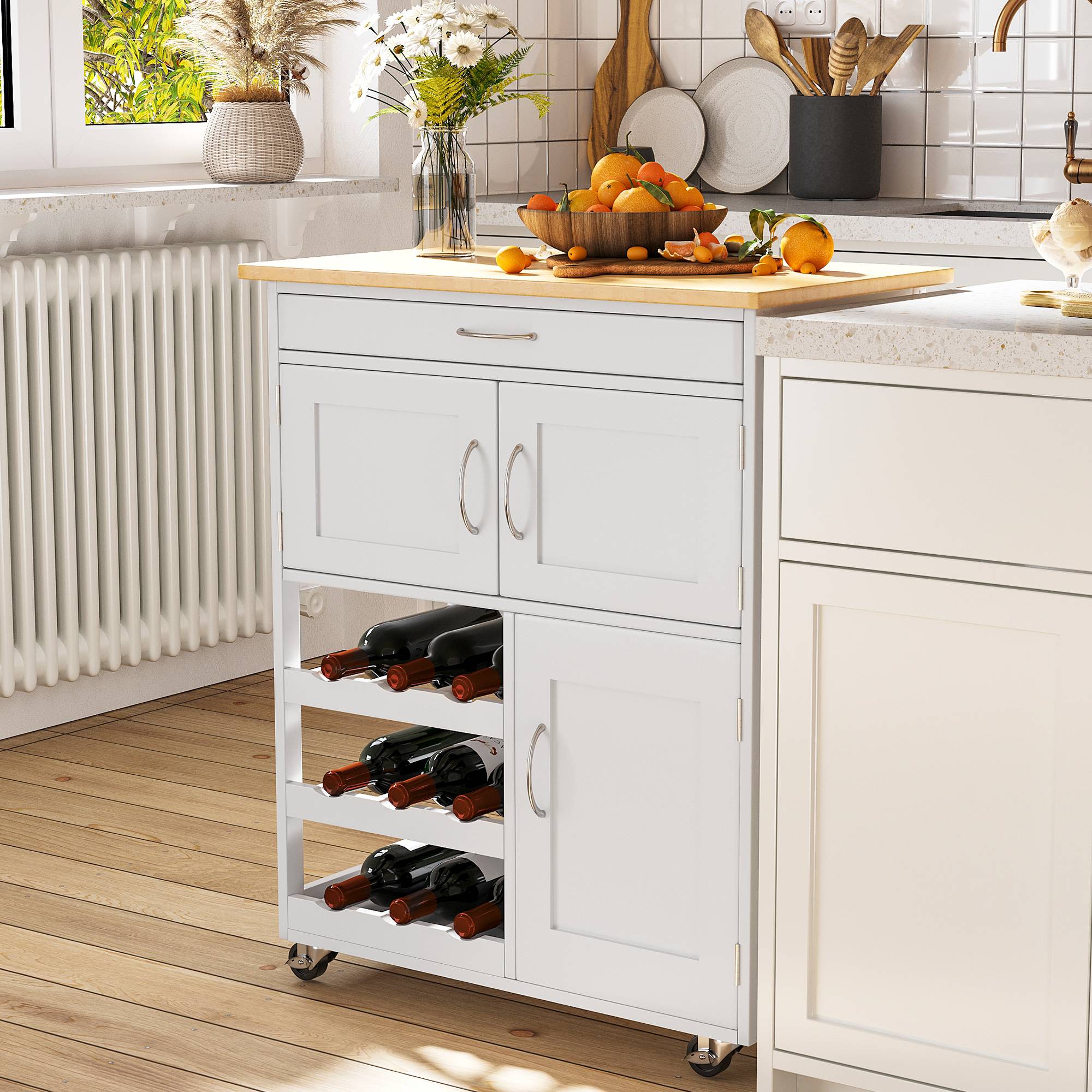 Sans Marque - Desserte cuisine 9 porte-bouteilles 3 portes 4 roulettes tiroir meuble gain place plateau bois hévéa salon 67x37x87 cm blanc chêne - Image 4