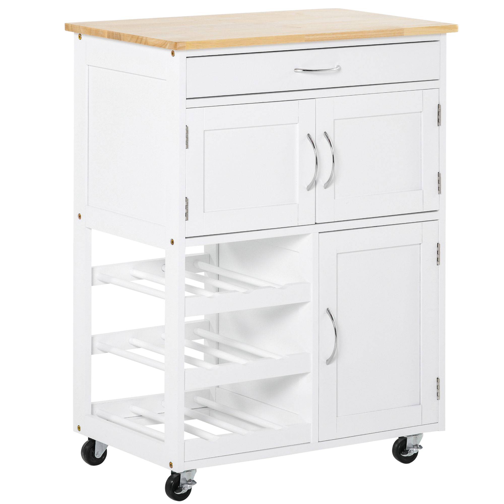 Sans Marque - Desserte cuisine 9 porte-bouteilles 3 portes 4 roulettes tiroir meuble gain place plateau bois hévéa salon 67x37x87 cm blanc chêne - Image 2