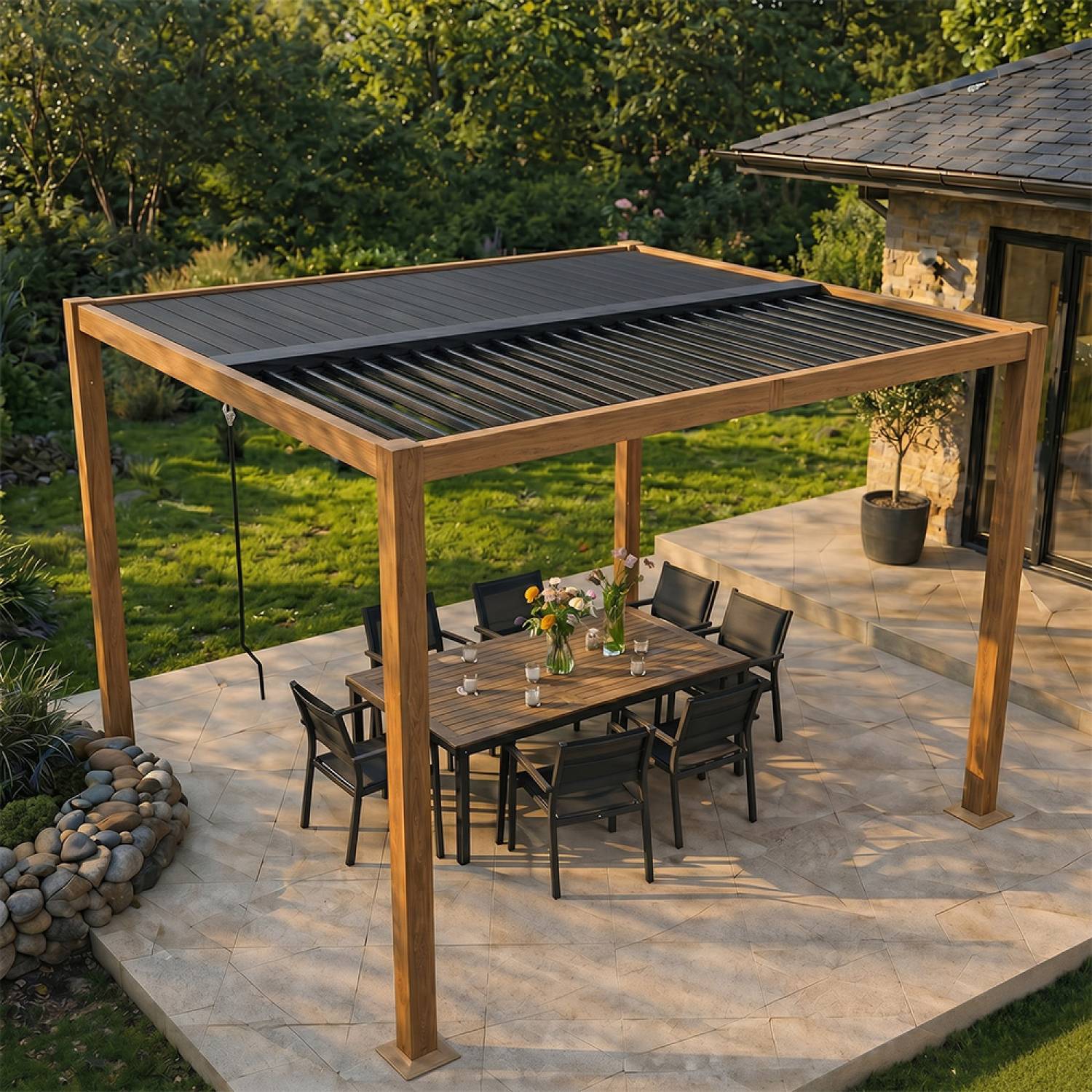 Pergola bioclimatique structure aluminium effet bois lames orientables 3x3m CORFU - Image 4