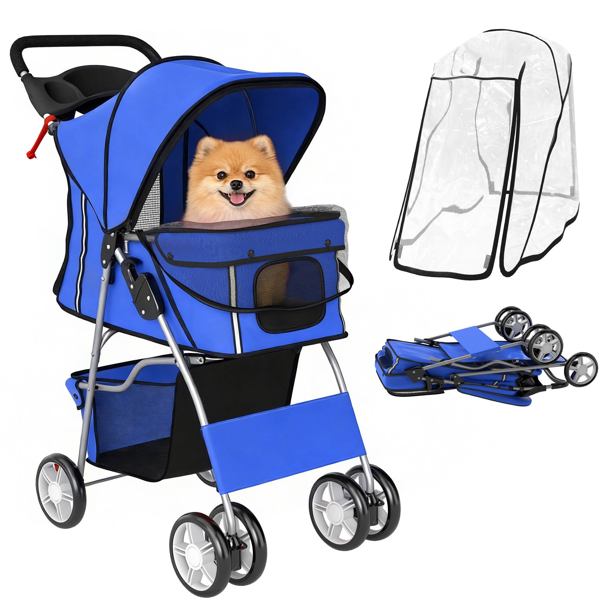 Sans Marque - Poussette pliable chien/chat -10 kg protection pluie bandes réfléchissantes panier rangement 77x44x102 cm bleue - Image 1