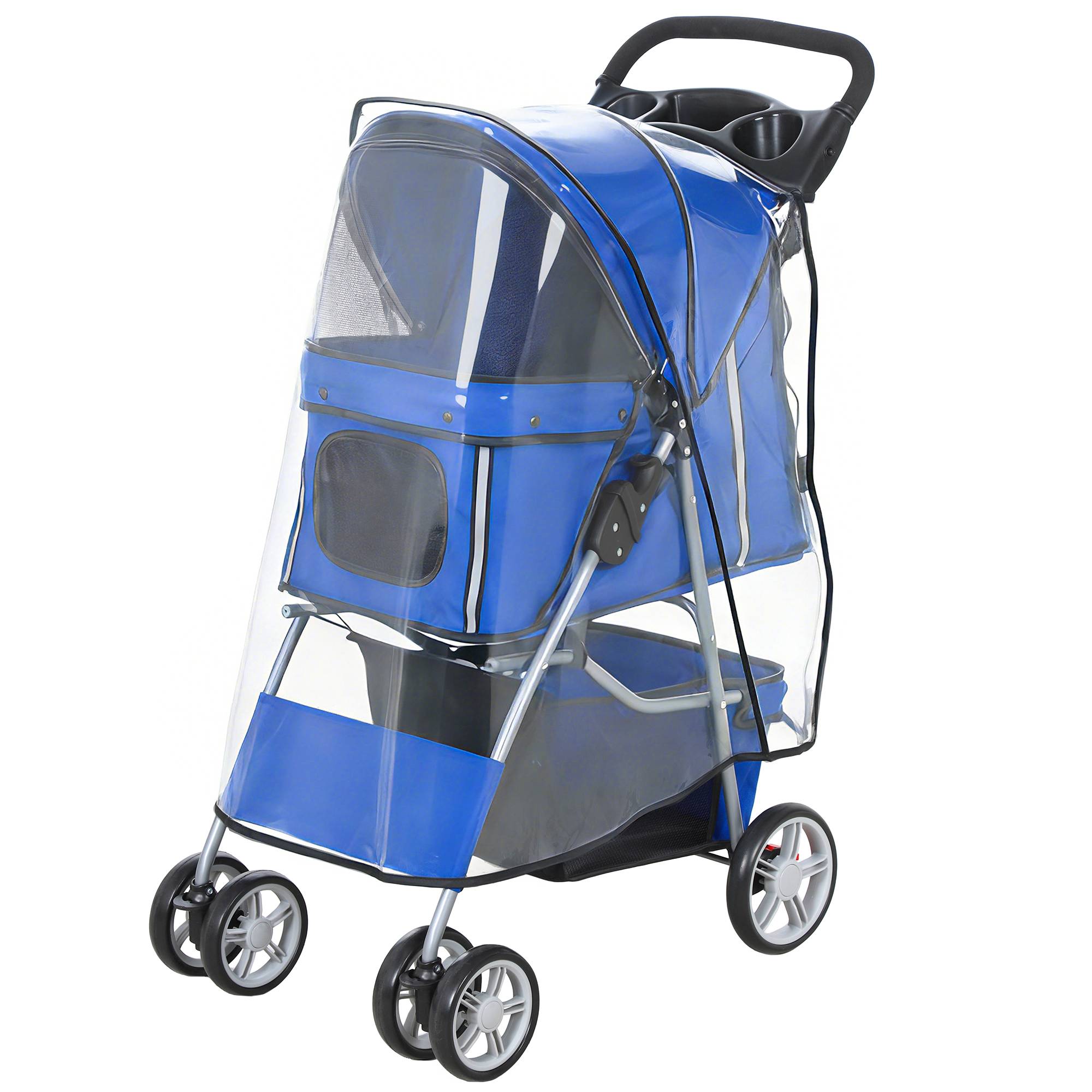 Sans Marque - Poussette pliable chien/chat -10 kg protection pluie bandes réfléchissantes panier rangement 77x44x102 cm bleue - Image 2