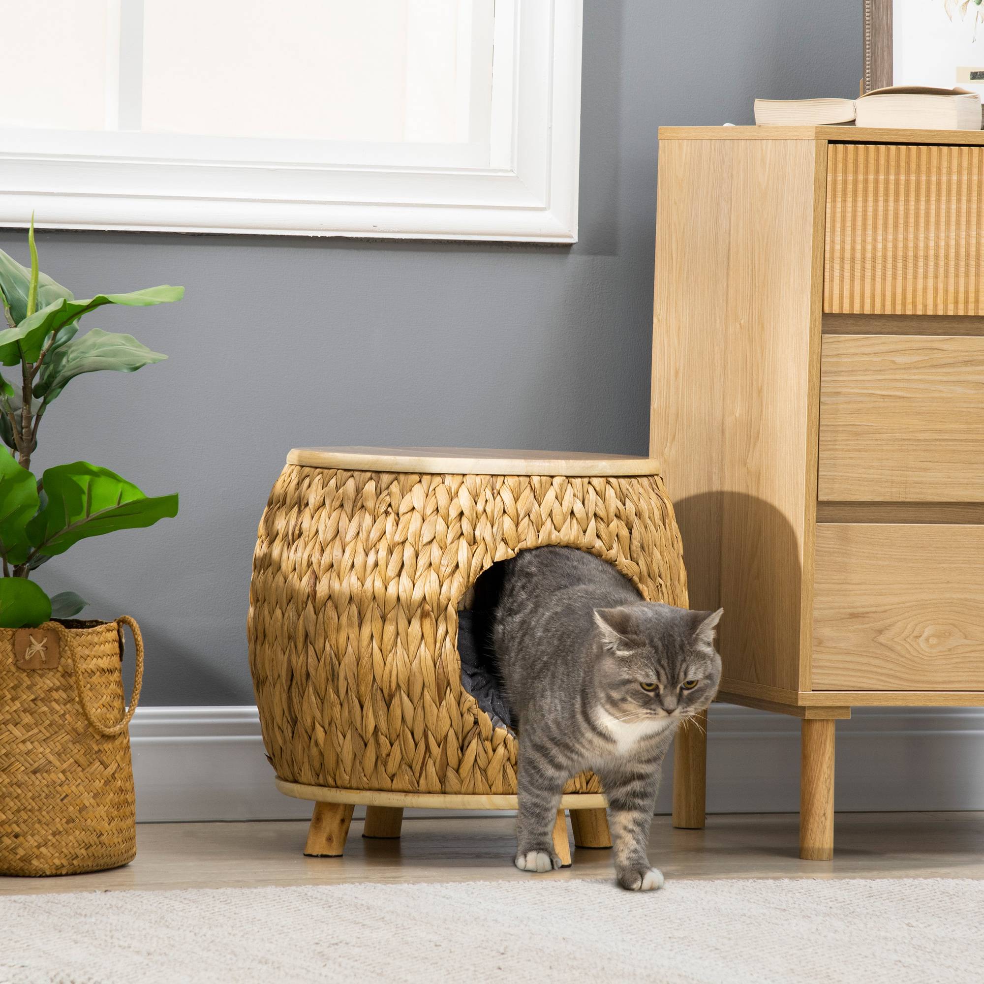 Niche chat jacinthe d'eau coussin lavable 44x43x42 cm brun clair+bois naturel+gris - Image 4