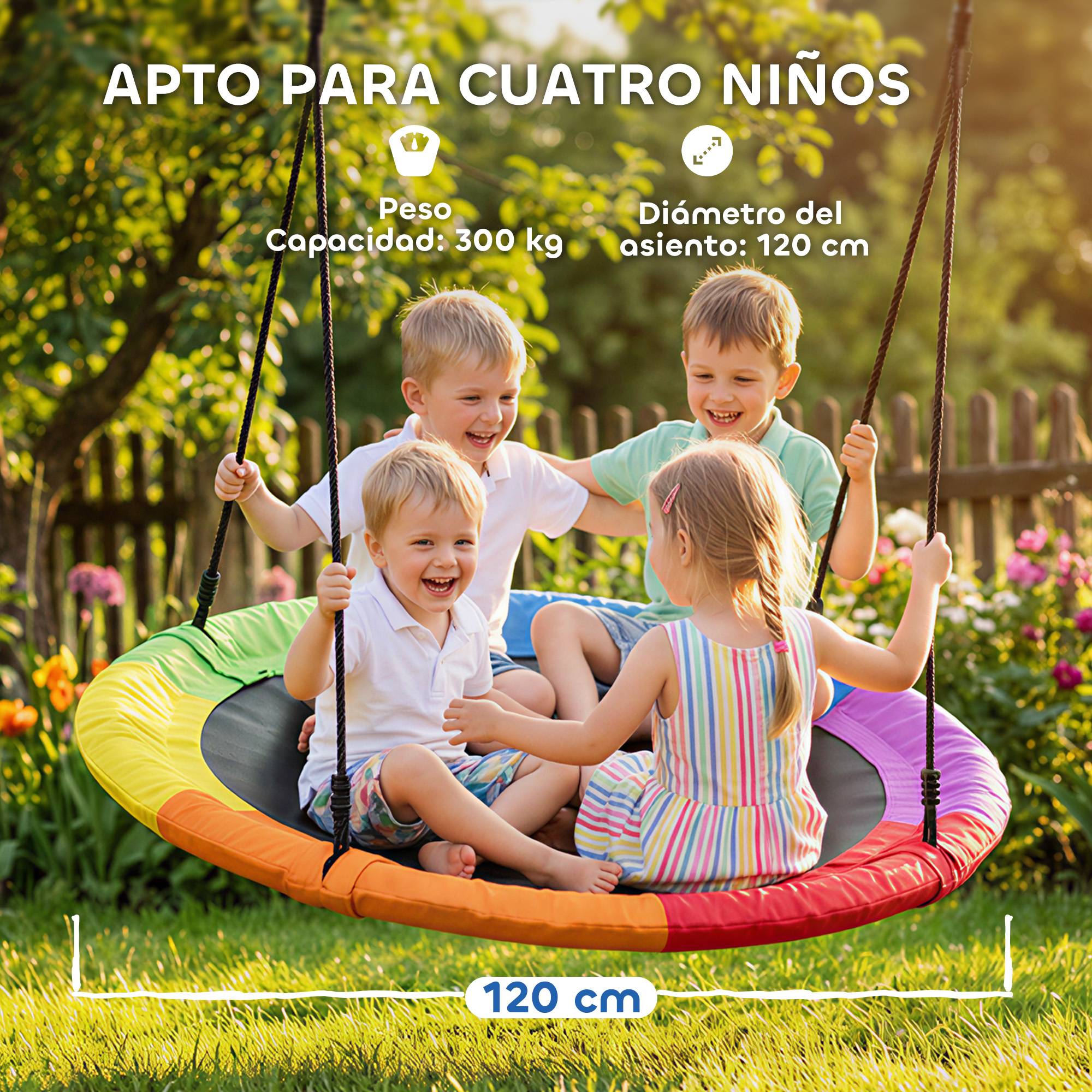 Balançoire nid enfant Ø120 cm, hauteur ajustable, balançoire ronde pour arbre, charge max 300 kg, multicolore, robuste pour plusieurs petits - Image 5