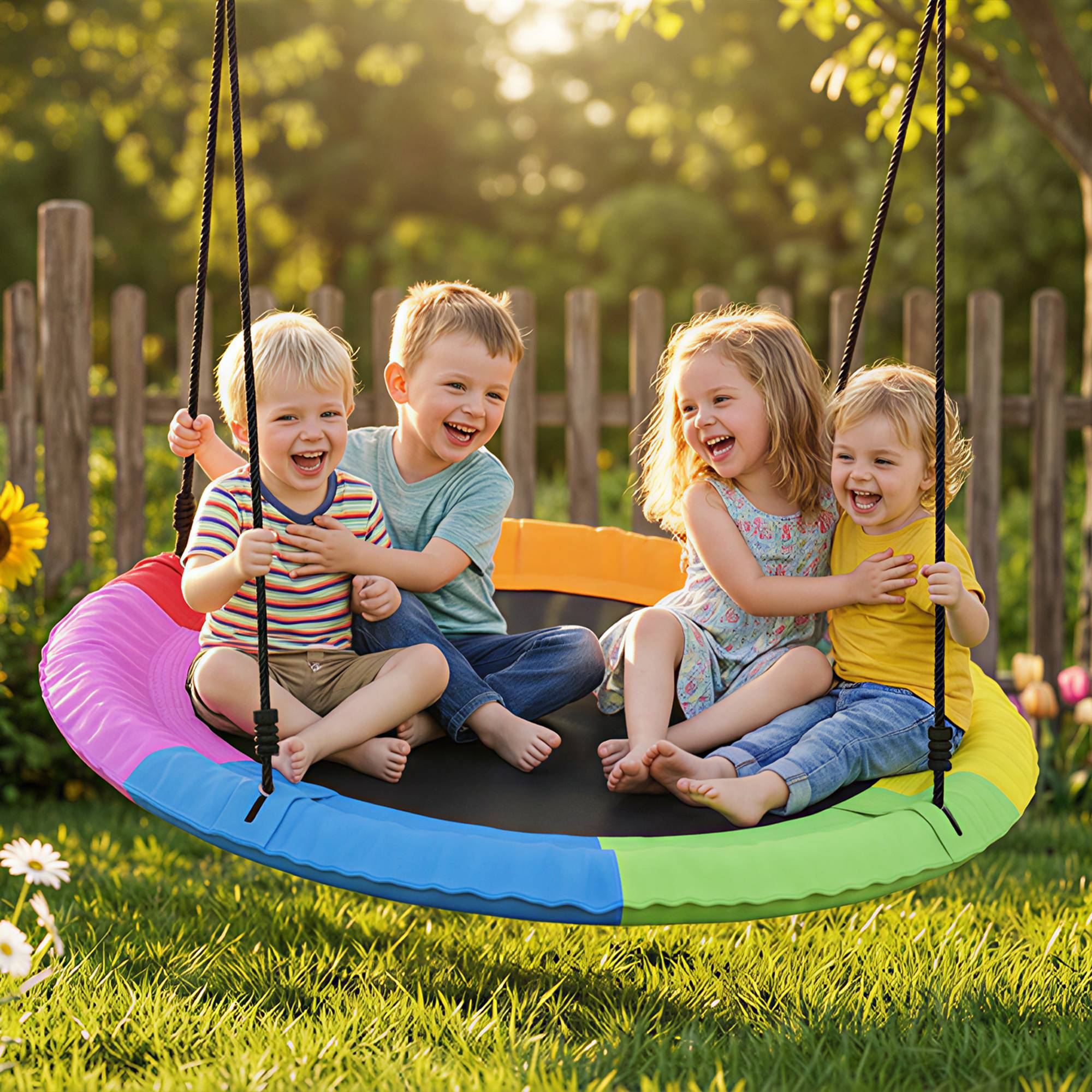 Balançoire nid enfant Ø120 cm, hauteur ajustable, balançoire ronde pour arbre, charge max 300 kg, multicolore, robuste pour plusieurs petits - Image 2