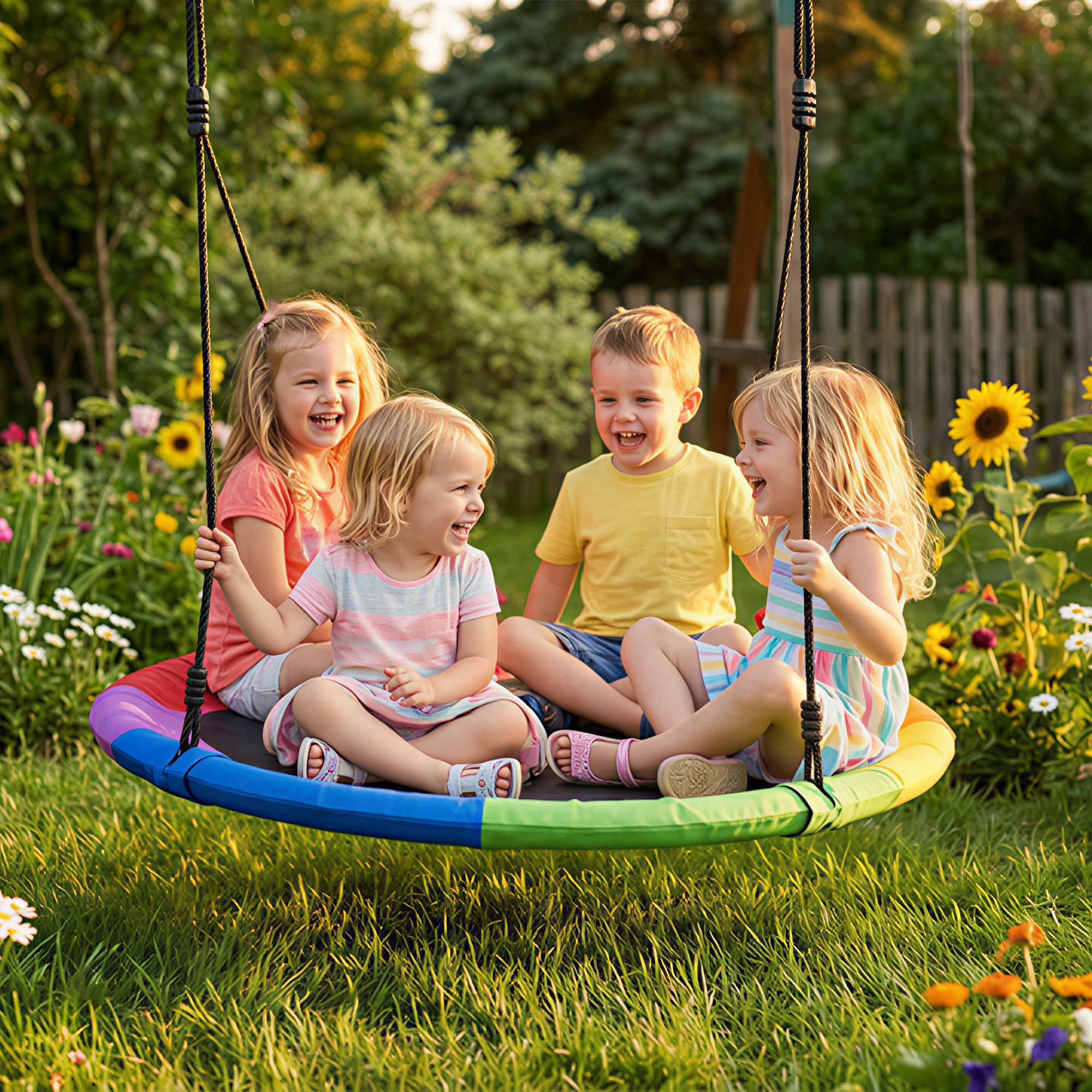 Balançoire nid enfant Ø120 cm, hauteur ajustable, balançoire ronde pour arbre, charge max 300 kg, multicolore, robuste pour plusieurs petits - Image 1